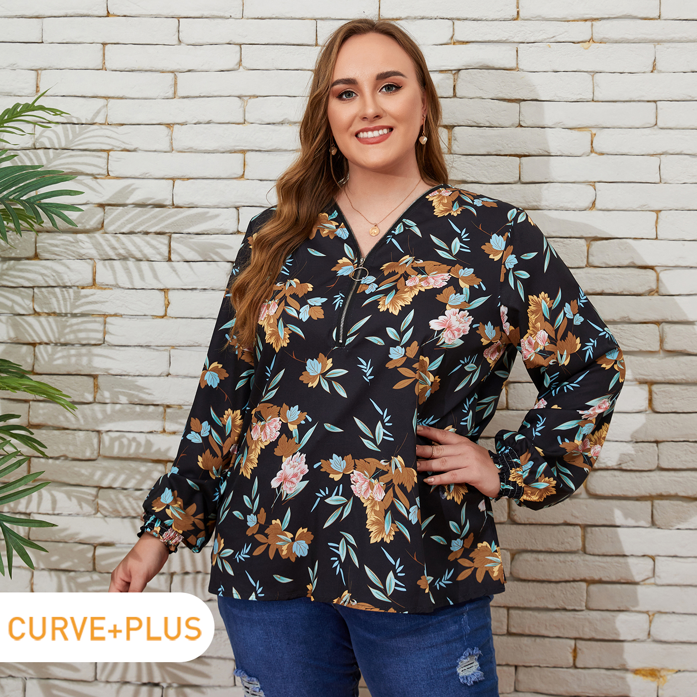 

Women Plus Size Casual Floral Print V Neck Zipper Long-sleeve Blouse