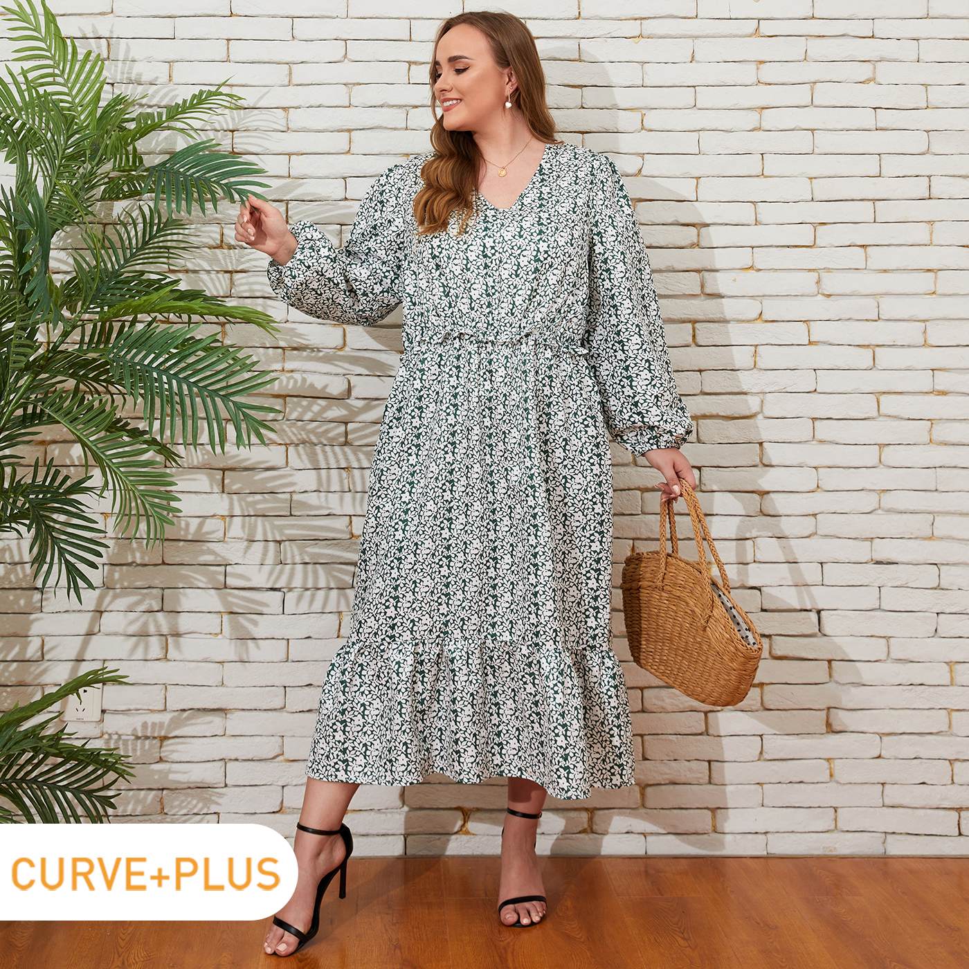 

Women Plus Size Vacation Floral Print V Neck Long-sleeve Dress