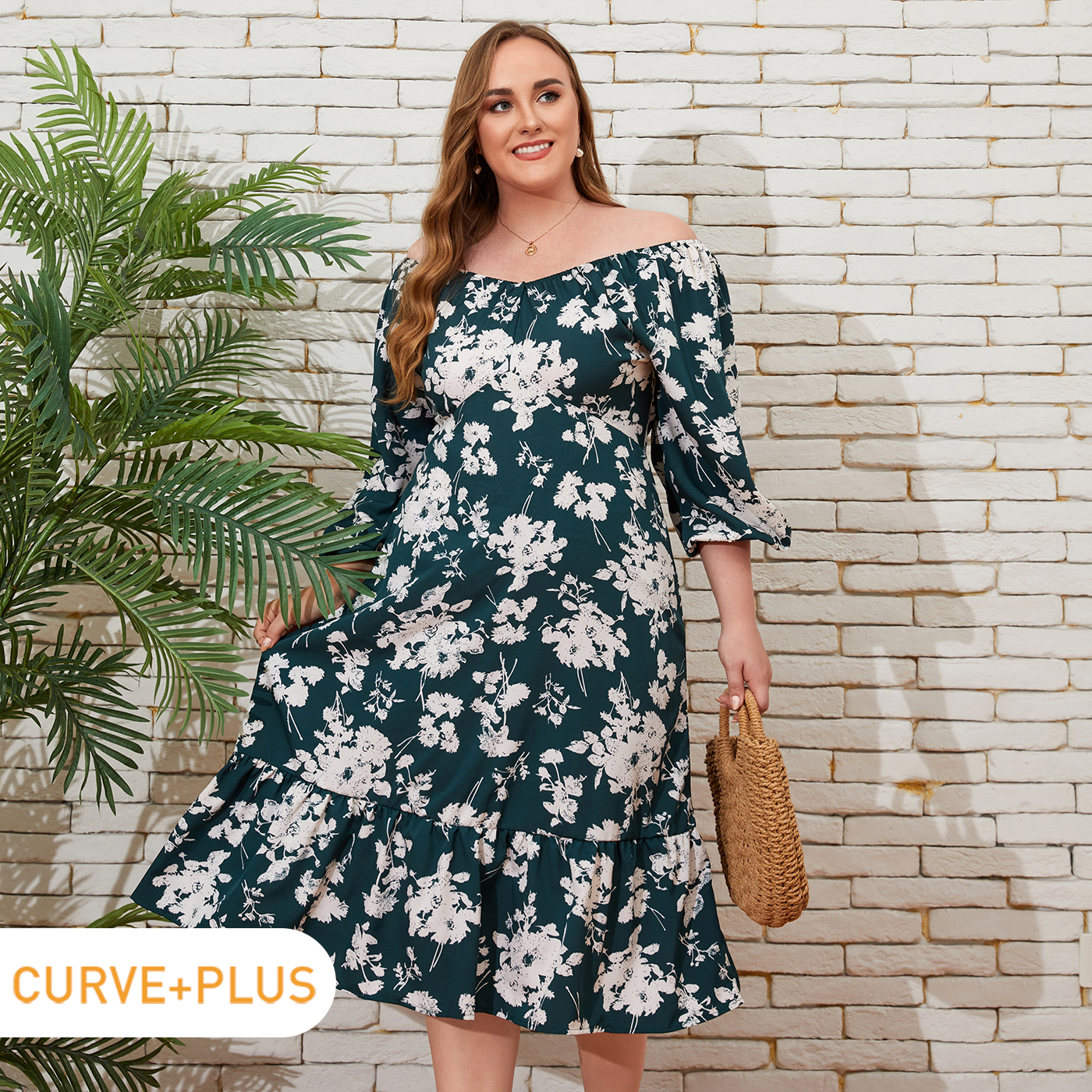 

Women Plus Size Vacation Floral Print Off Shoulder Long-sleeve Dress