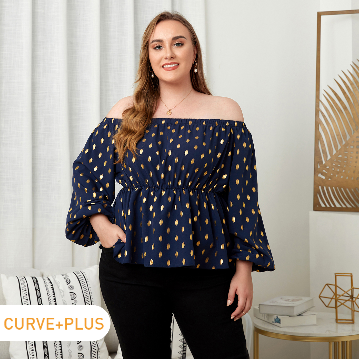 

Women Plus Size Elegant Off Shoulder Polka dots Long-sleeve Blouse
