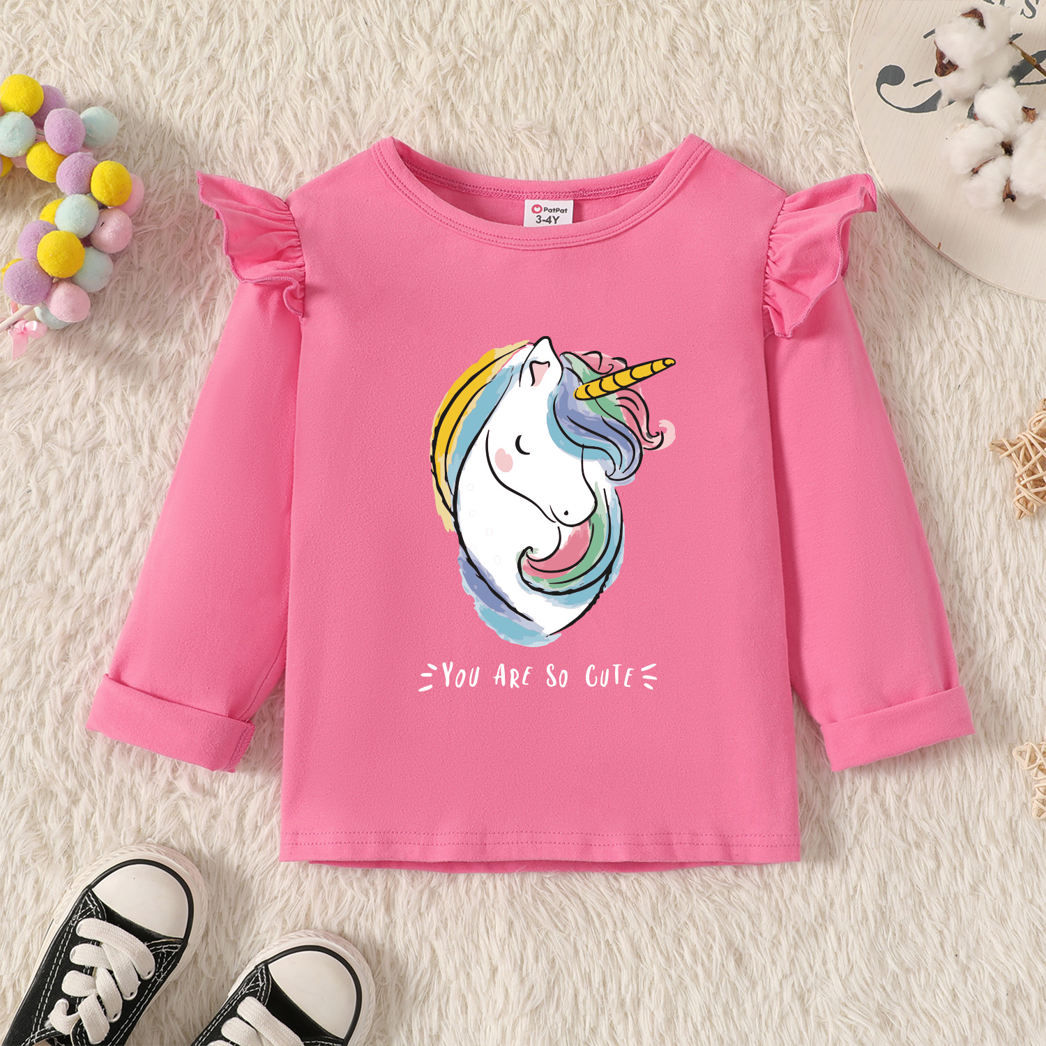 

Toddler Girl Graphic Unicorn and Letter Print Ruffled Long-sleeve Tee