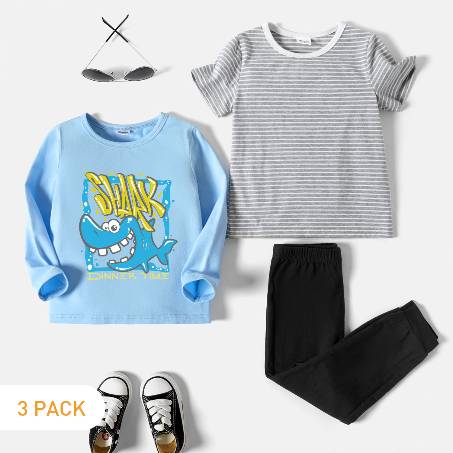 

3-Pack Toddler Boy Graphic Shark and Letter Print Long-sleeve Tee & Striped Short-sleeve Tee & Pants Set