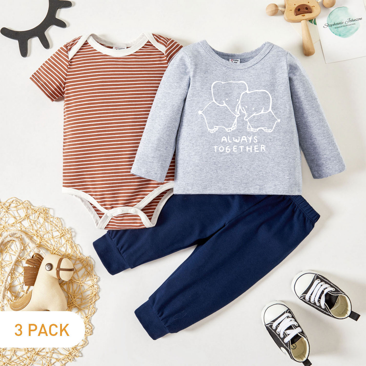 

3-Pack Baby Graphic Letter and Elephant Print Striped Romper Tee Pants Set