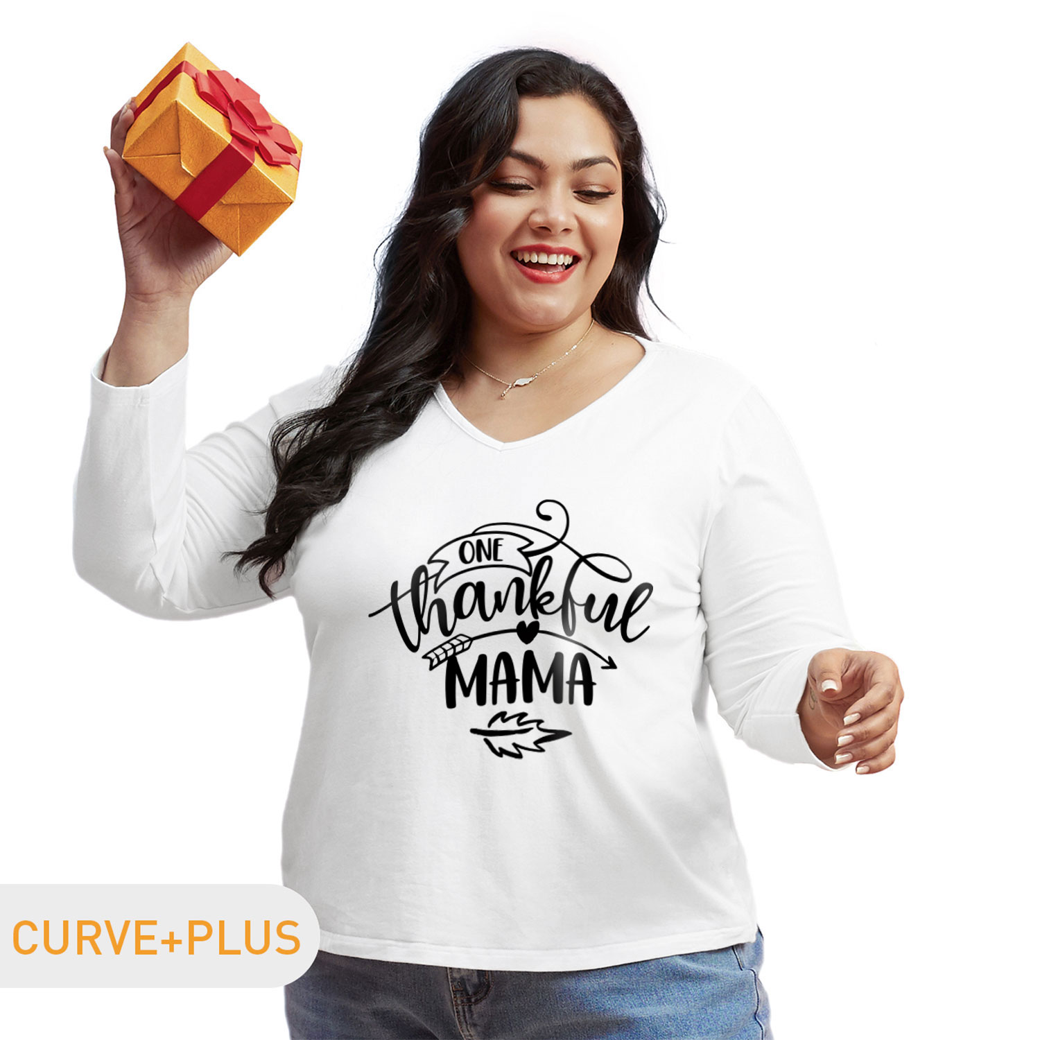 

Thanksgiving Women Plus Size Graphic Letter and Heart Print V Neck Long-sleeve Tee