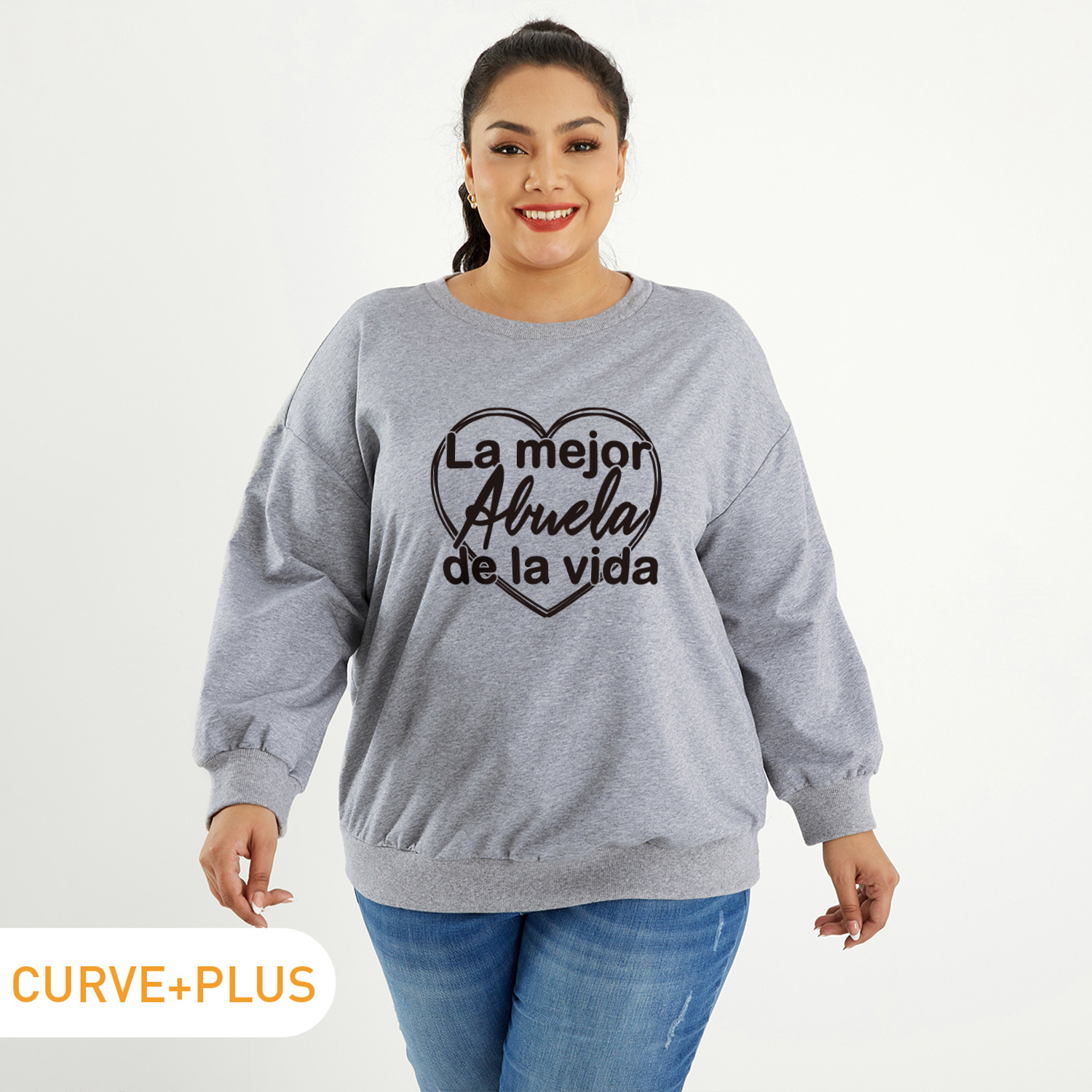 

Women Plus Size Graphic Letter and Heart Print Round Neck Long-sleeve Pullover