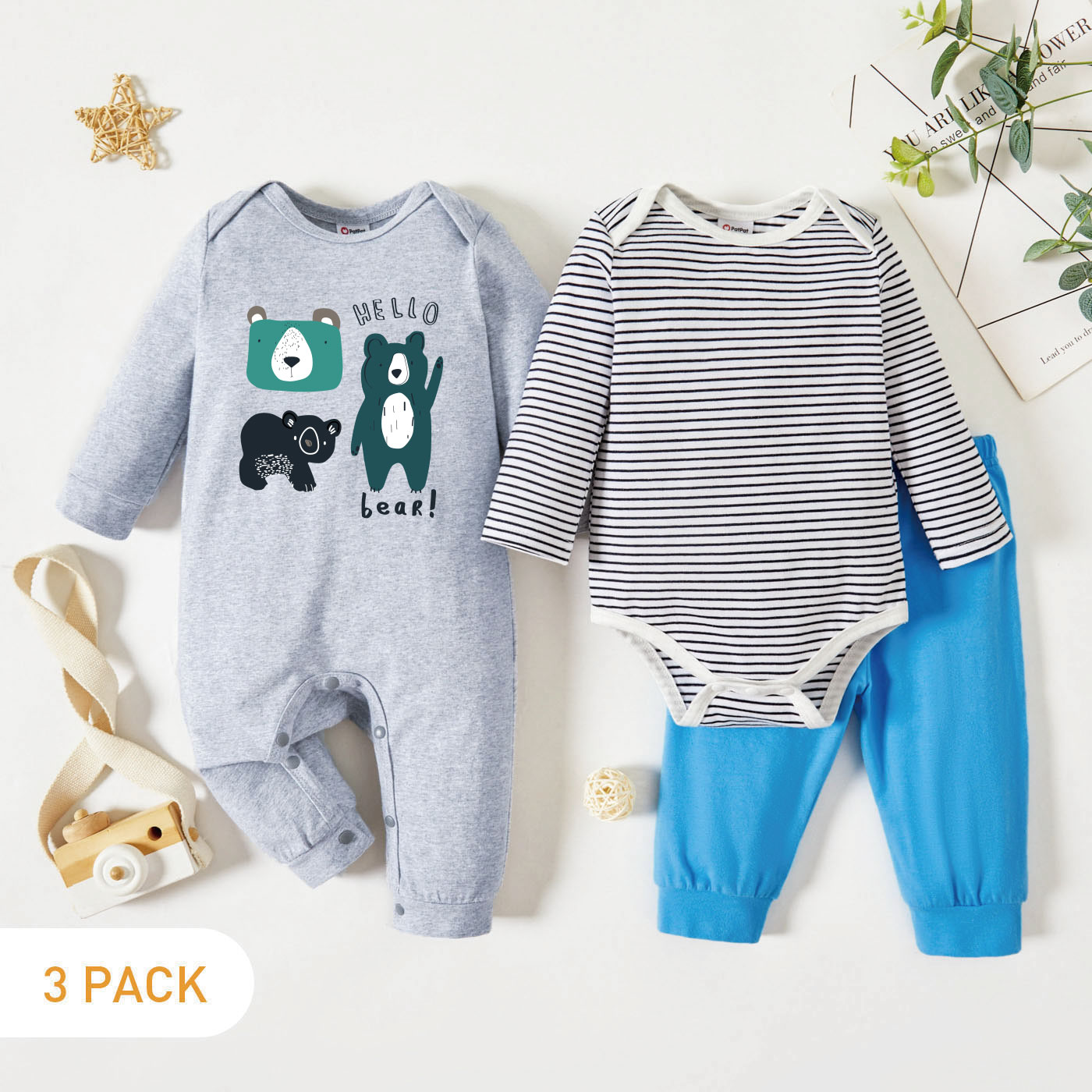 

3-Pack Baby Graphic Bear and Letter Print Striped Long-sleeve Romper Jumpsuit Pants Set