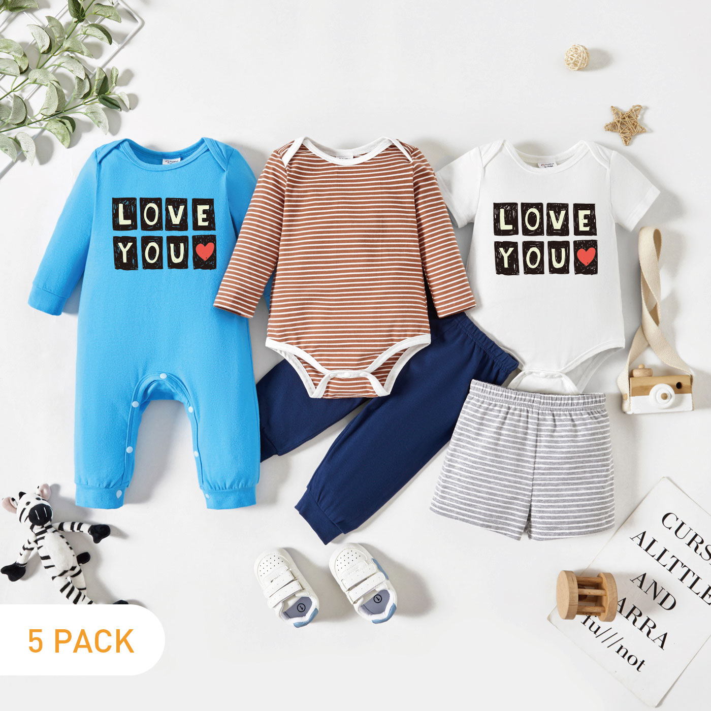 

5-Pack Baby Graphic Heart and Letter Print Striped Romper Jumpsuit Pants Set