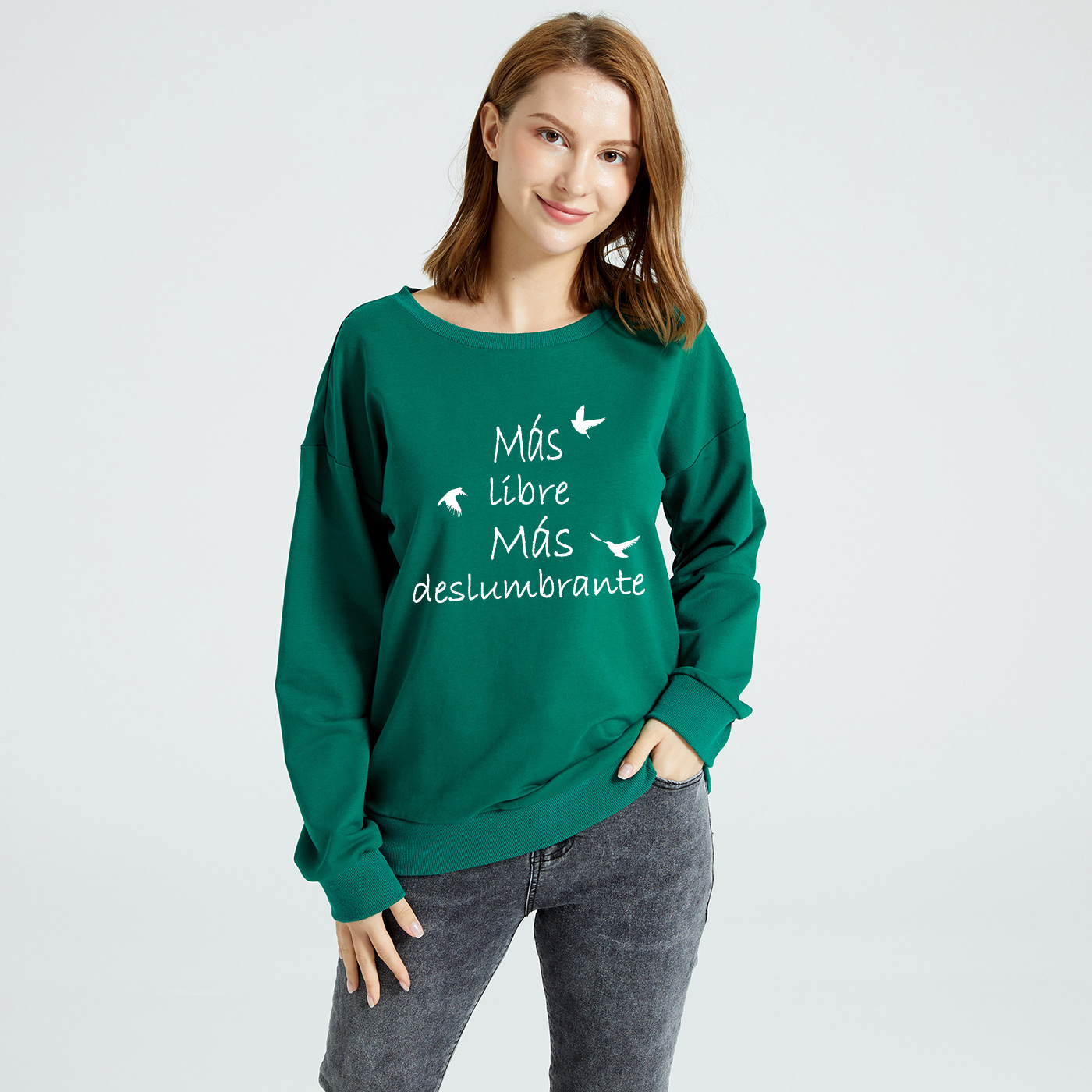 

Women Graphic Letter and Bird Print Round-collar Long-sleeve Pullover