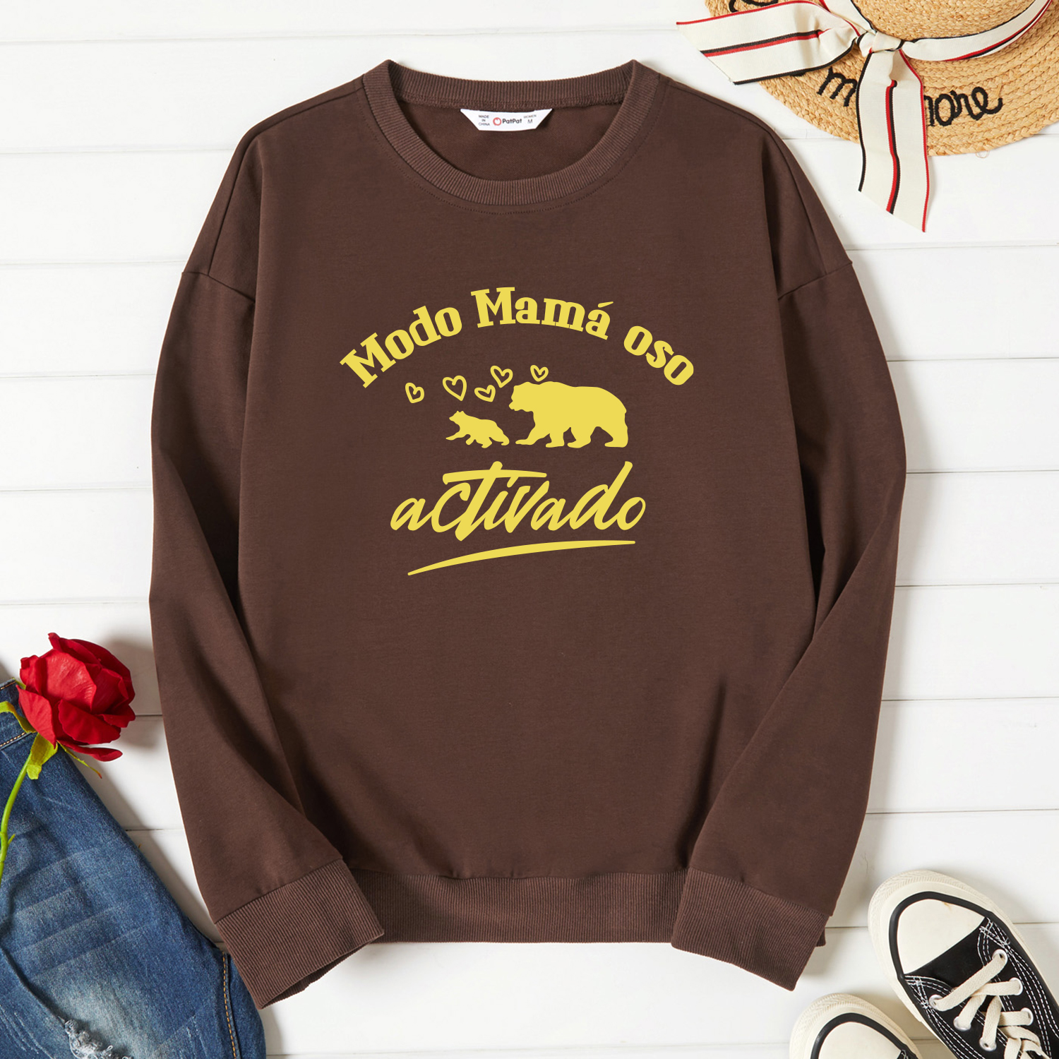 

Woman Graphic Letter & Bear Print Long-sleeve Pullover