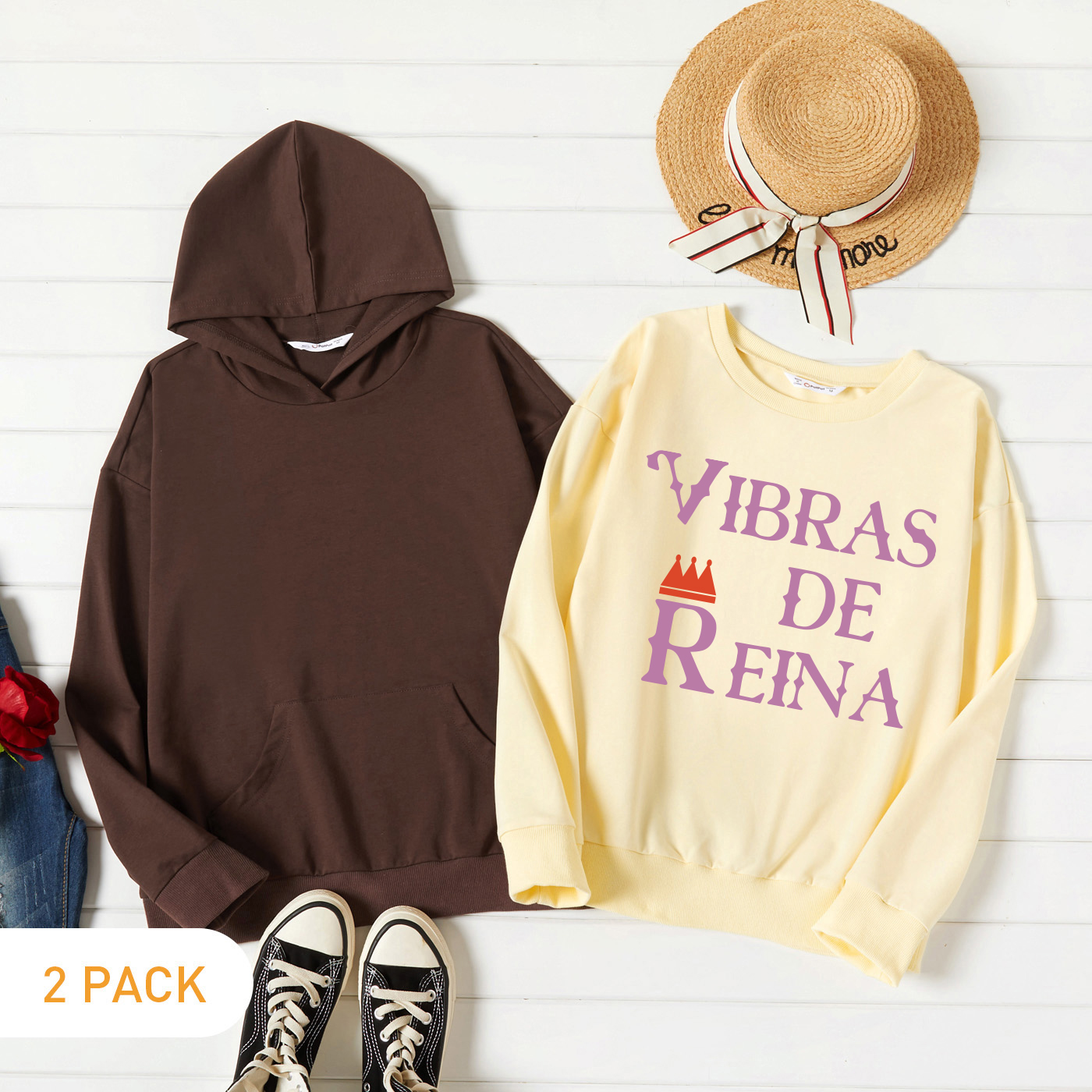 

2-Pack Woman Graphic Letter & Crown Print Long-sleeve Pullover Set