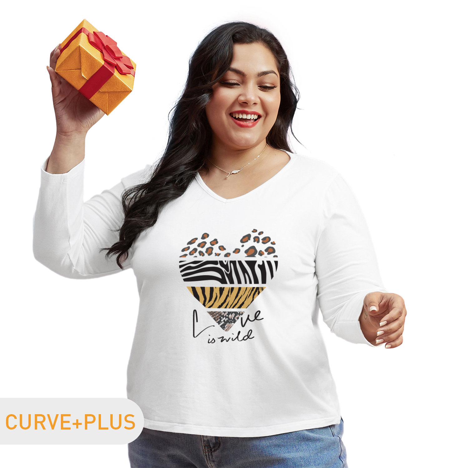 

Women Plus Size Graphic Letter and Heart-shaped Print V Neck Long-sleeve Tee