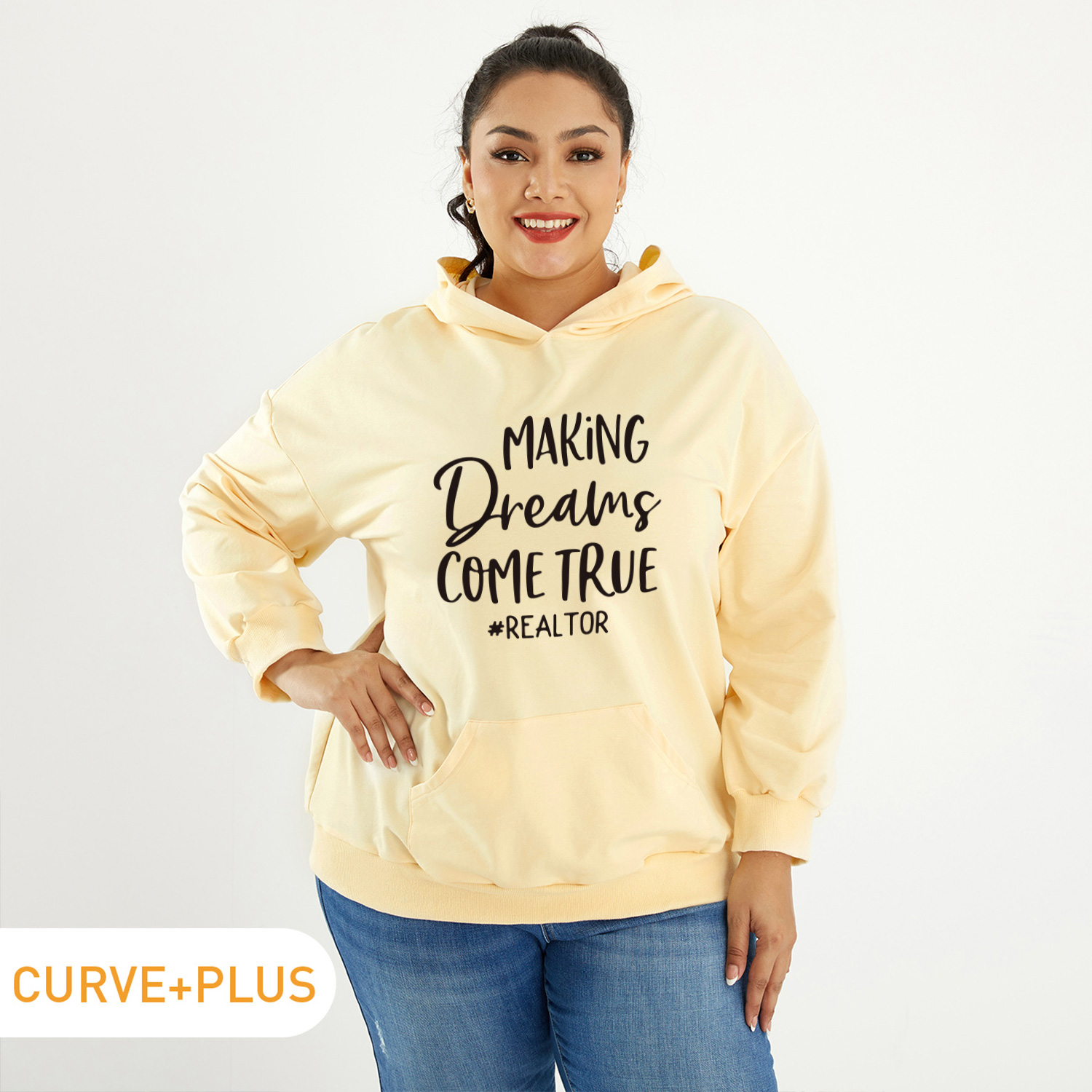 

Women Plus Size Graphic Letter Print Long-sleeve Hooded Pullover