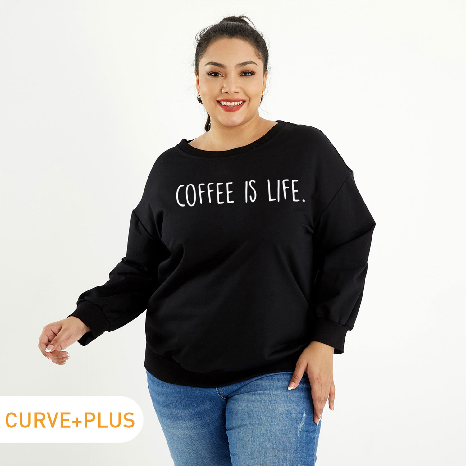 

Women Plus Size Graphic Letter Print Round Neck Long-sleeve Pullover