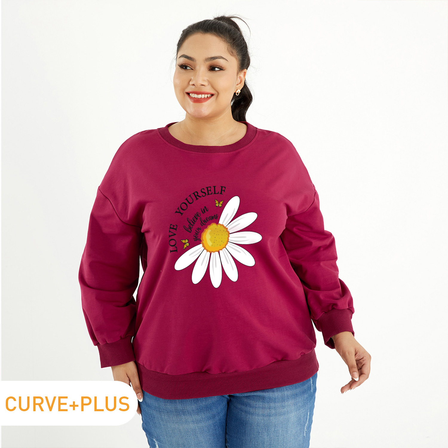 

Women Plus Size Graphic Letter and Daisy Print Round Neck Long-sleeve Pullover