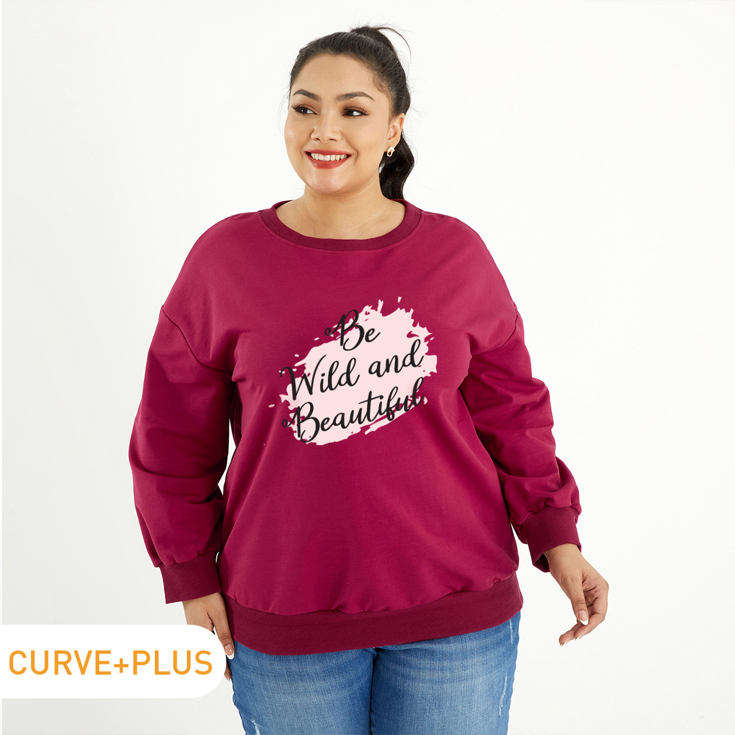 

Women Plus Size Graphic Letter Print Round Neck Long-sleeve Pullover