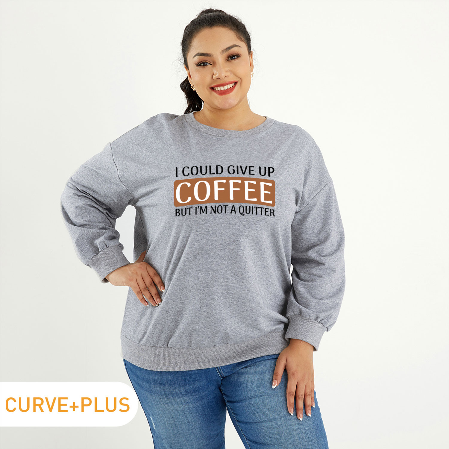 

Women Plus Size Graphic Letter Print Round Neck Long-sleeve Pullover