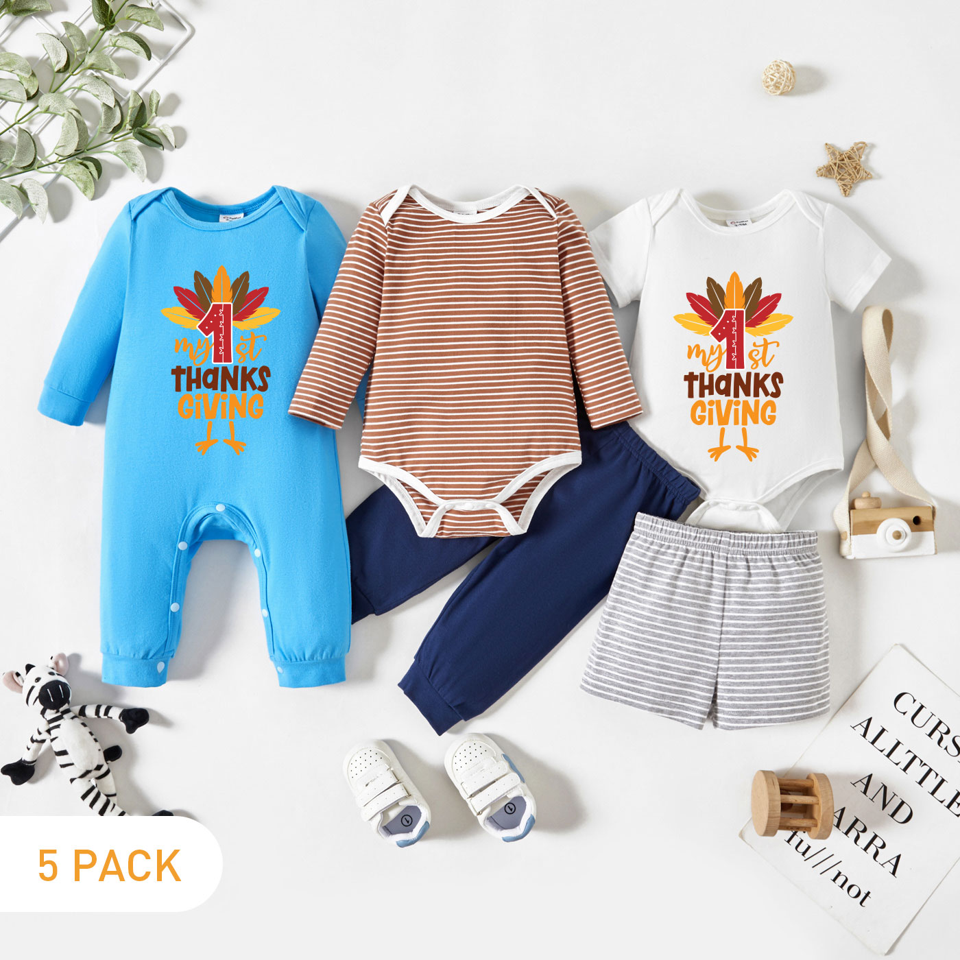 

Thanksgiving 5-Pack Baby Boy Graphic Letter & Number Print & Striped Romper Jumpsuit Pants Set