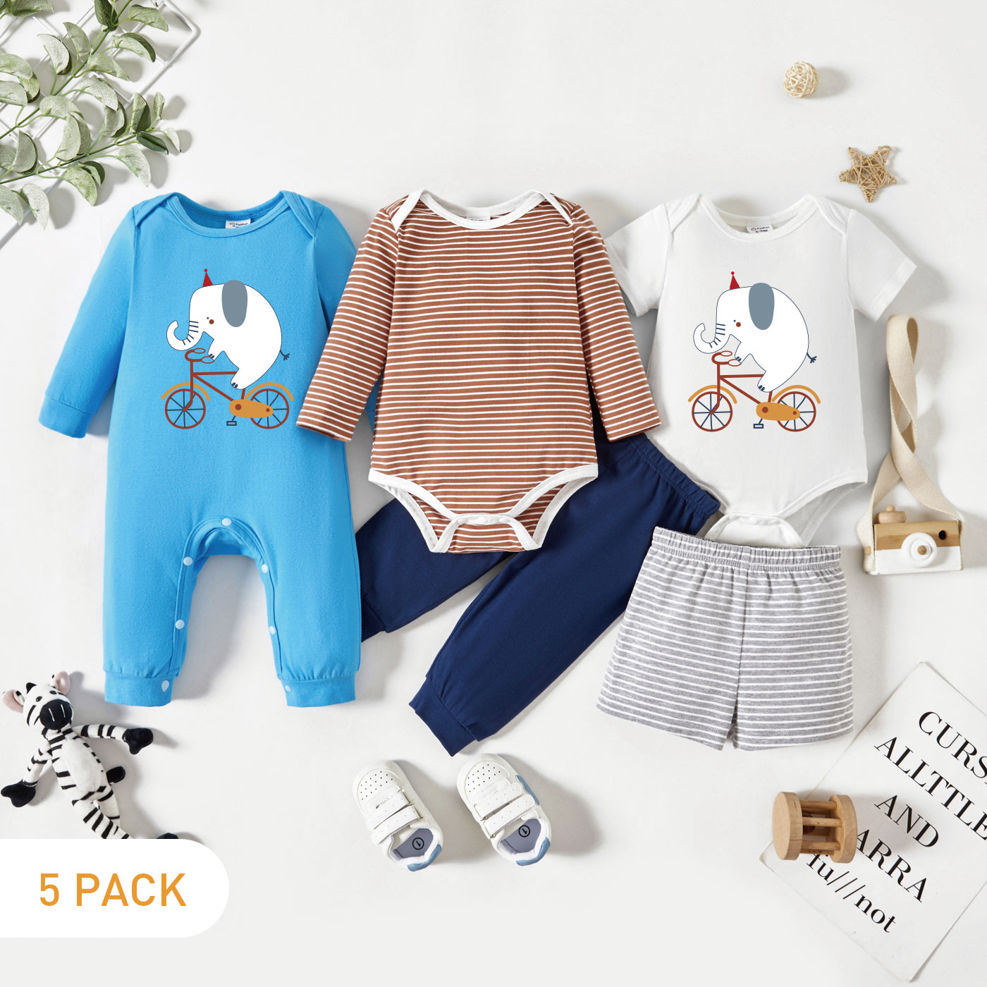 

5-Pack Baby Graphic Elephant and Bike Print Print Striped Romper Jumpsuit Pants Set