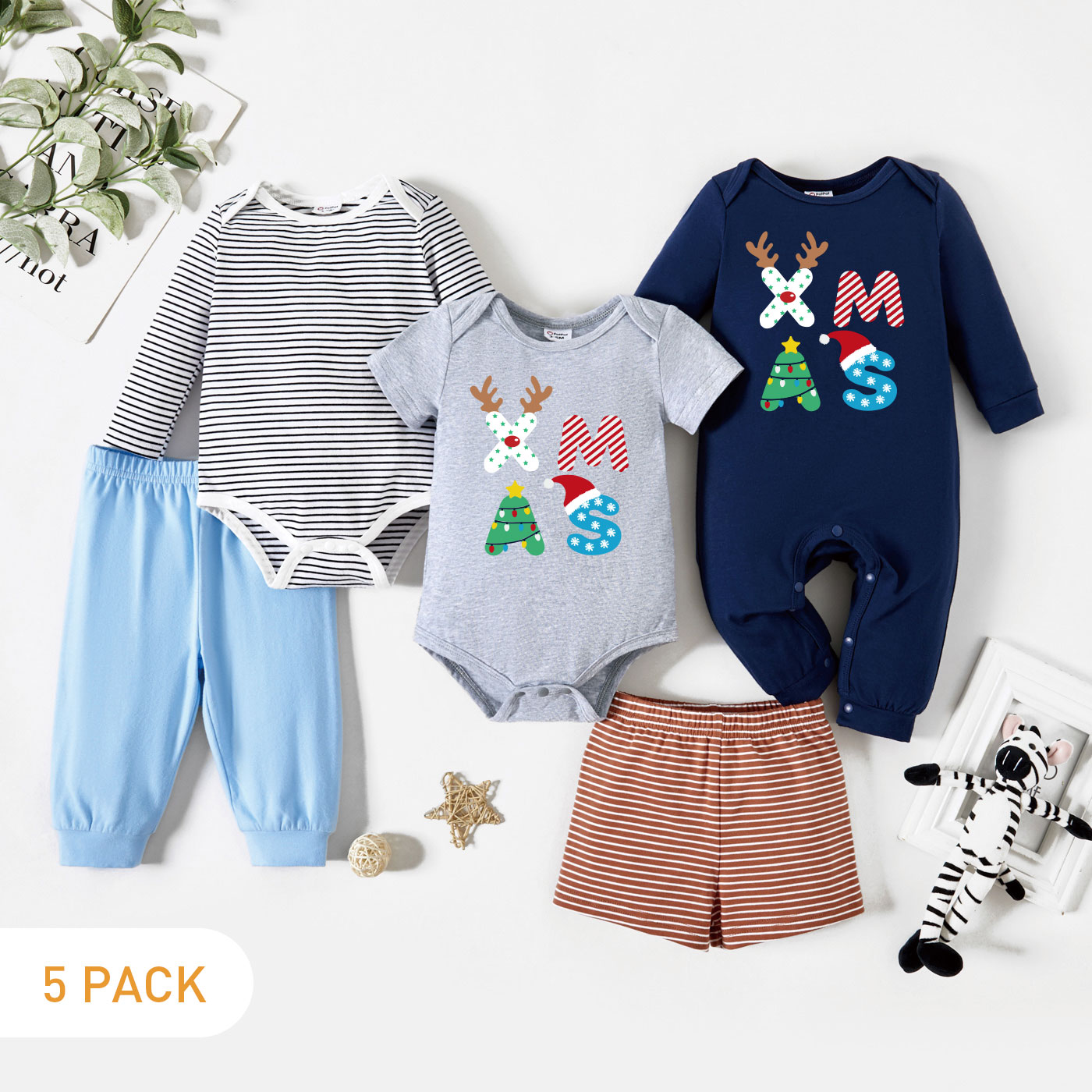 

Christmas 5-Pack Baby Boy Graphic Letter Print & Striped Romper Jumpsuit Pants Set
