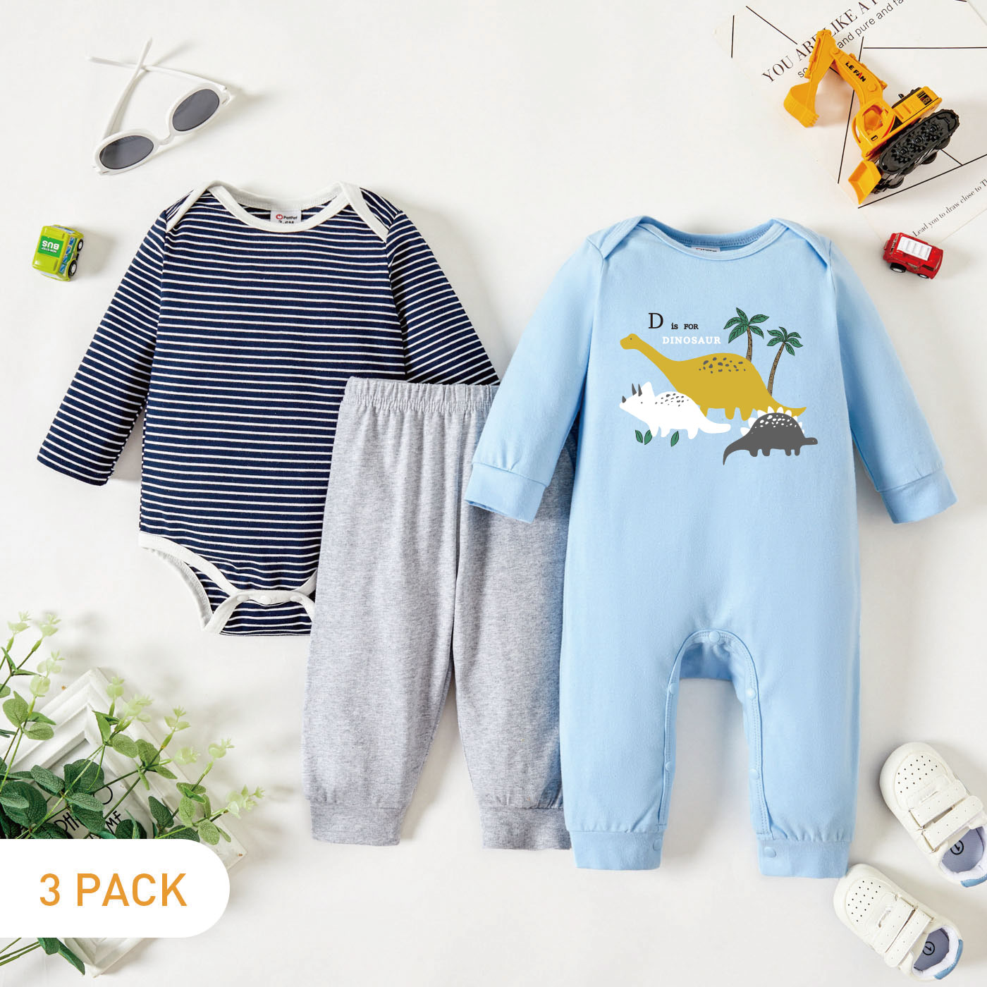 

3-Pack Baby Boy Graphic Dinosaur Print & Striped Romper Jumpsuit Pants Set