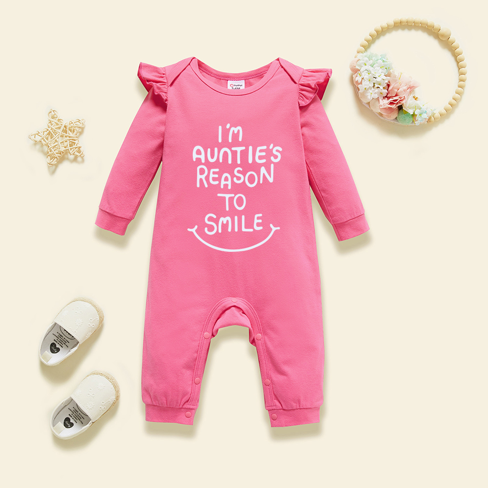 

Baby Girl Graphic Letter and Smile Print Ruffled Long-sleeve Jumpsuit