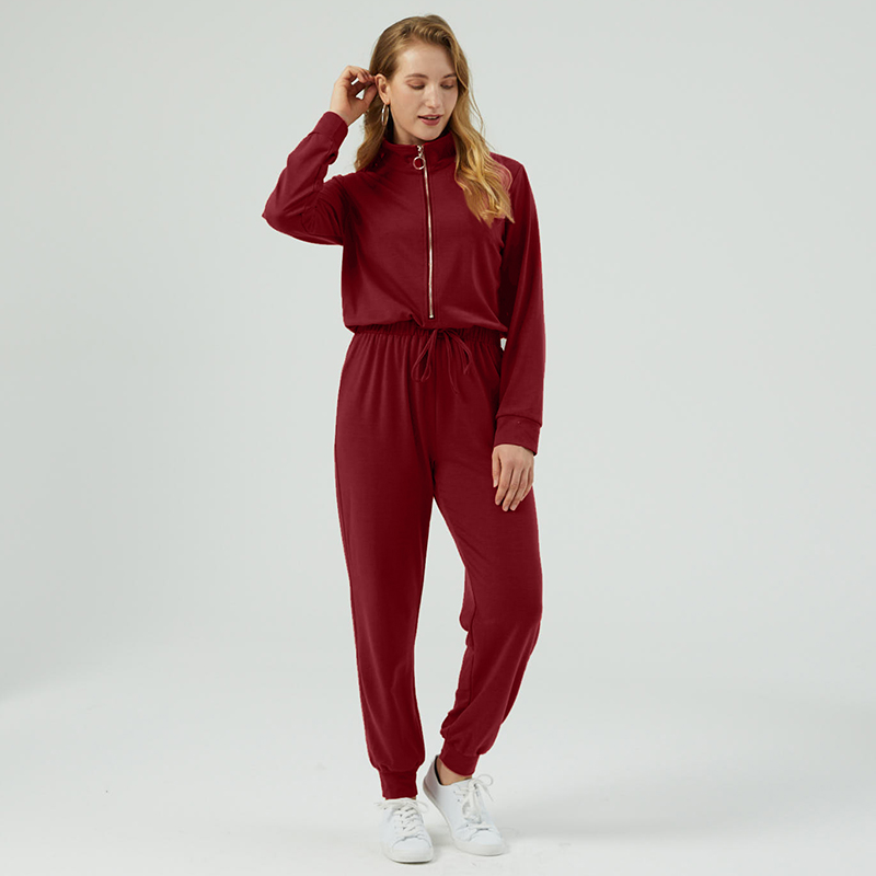

Burgundy Zip-up Long-sleeve Jumpsuit