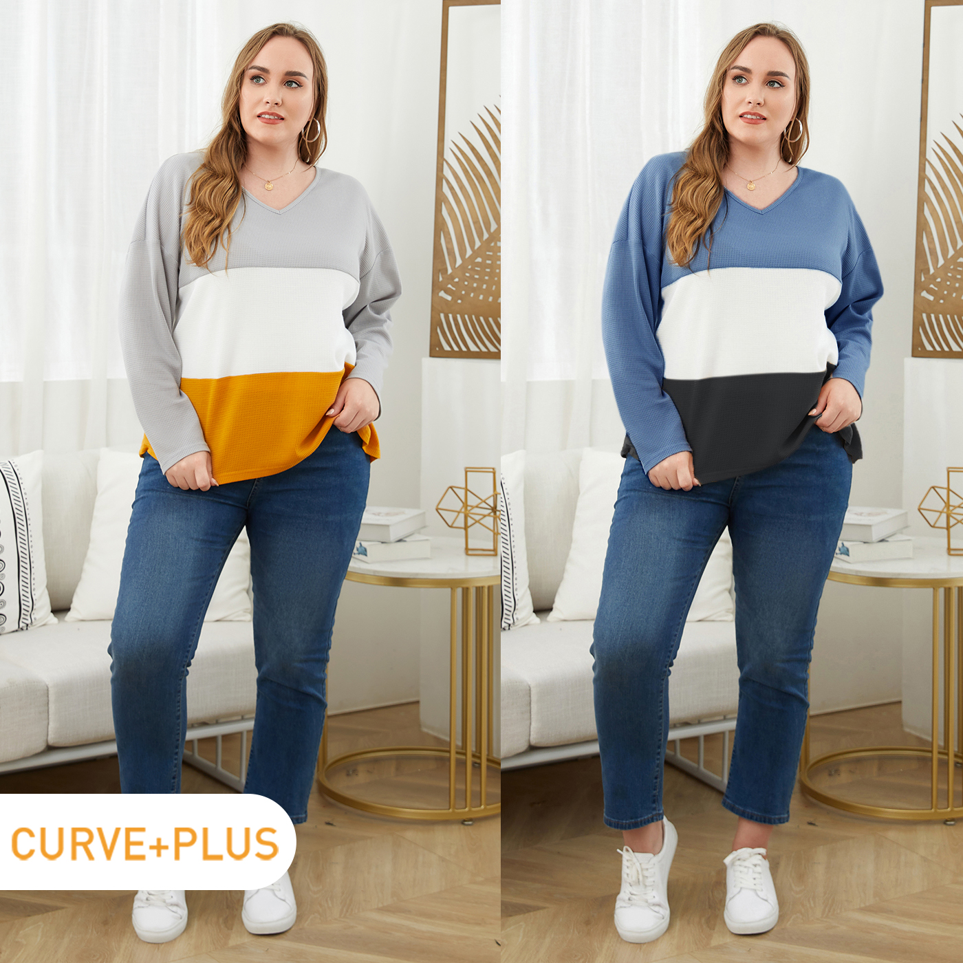 

Women Plus Size Casual Colorblock V Neck Long-sleeve Tee