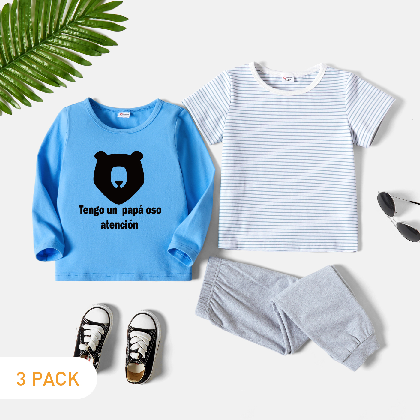 

3-Pack Toddler Graphic Letter & Bear Print & Striped Tee & Pants Set