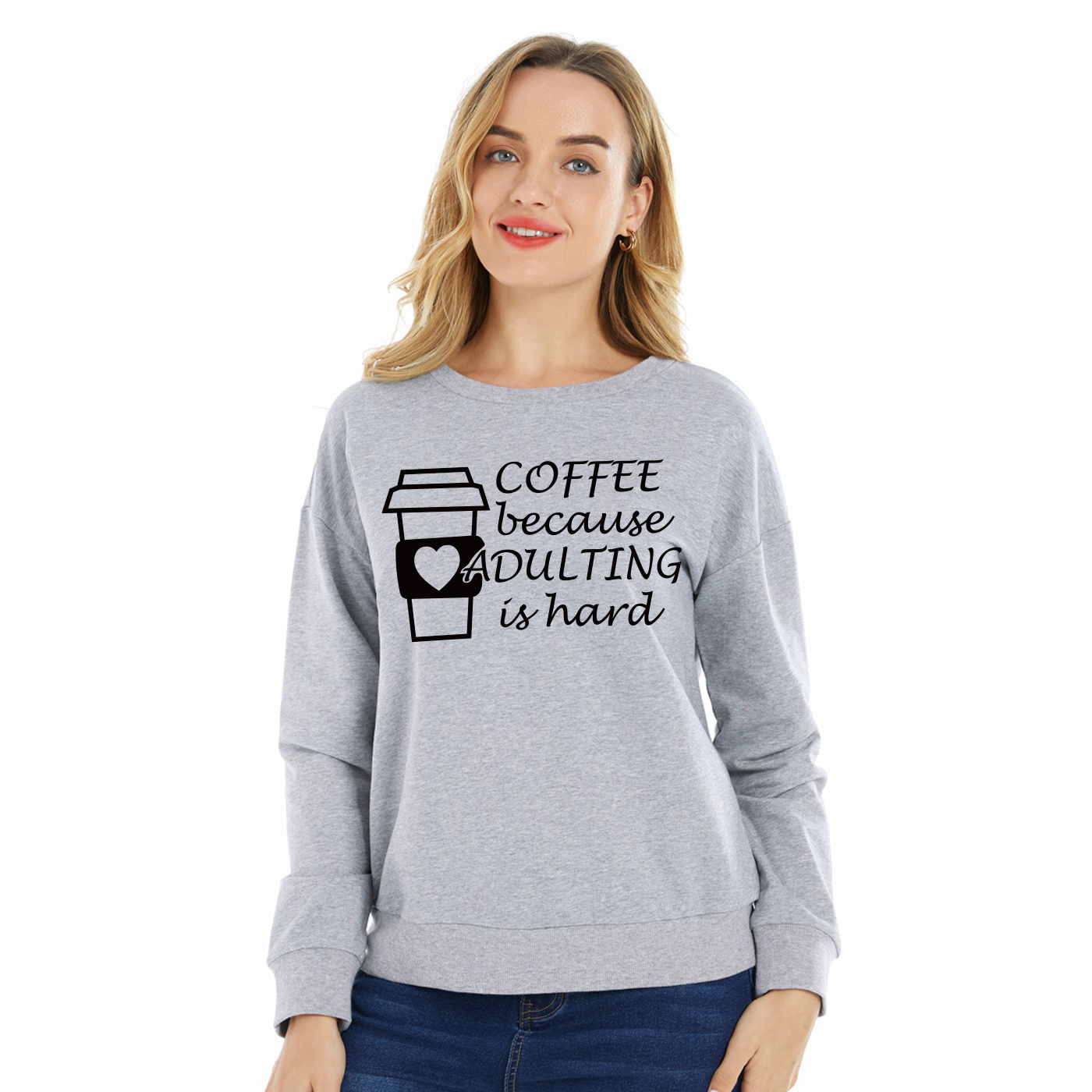 

Women Graphic Letter and Coffee Drink Print Round-collar Long-sleeve Tee