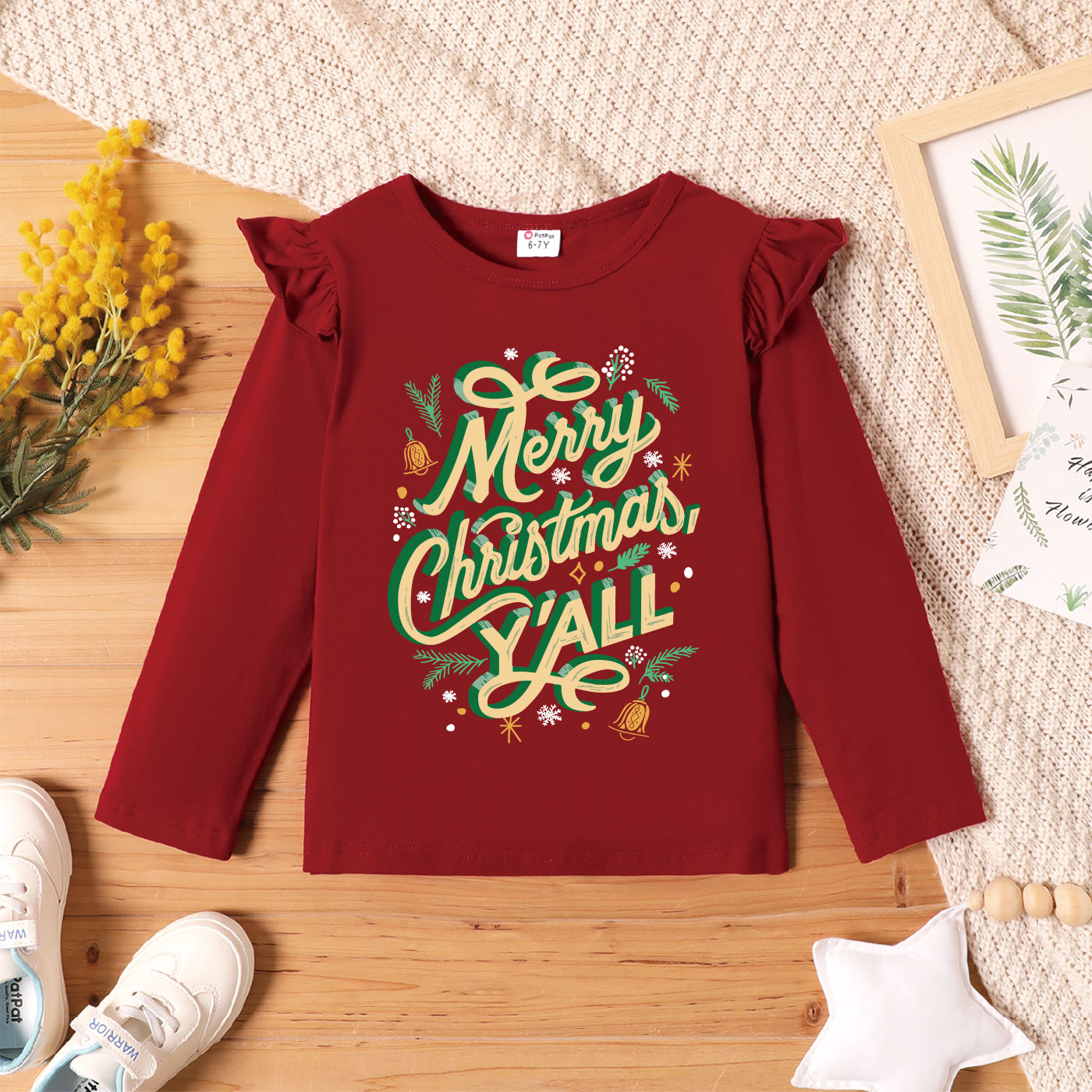 

Christmas Kid Girl Graphic Plant and Letter Print Ruffled Long-sleeve Tee