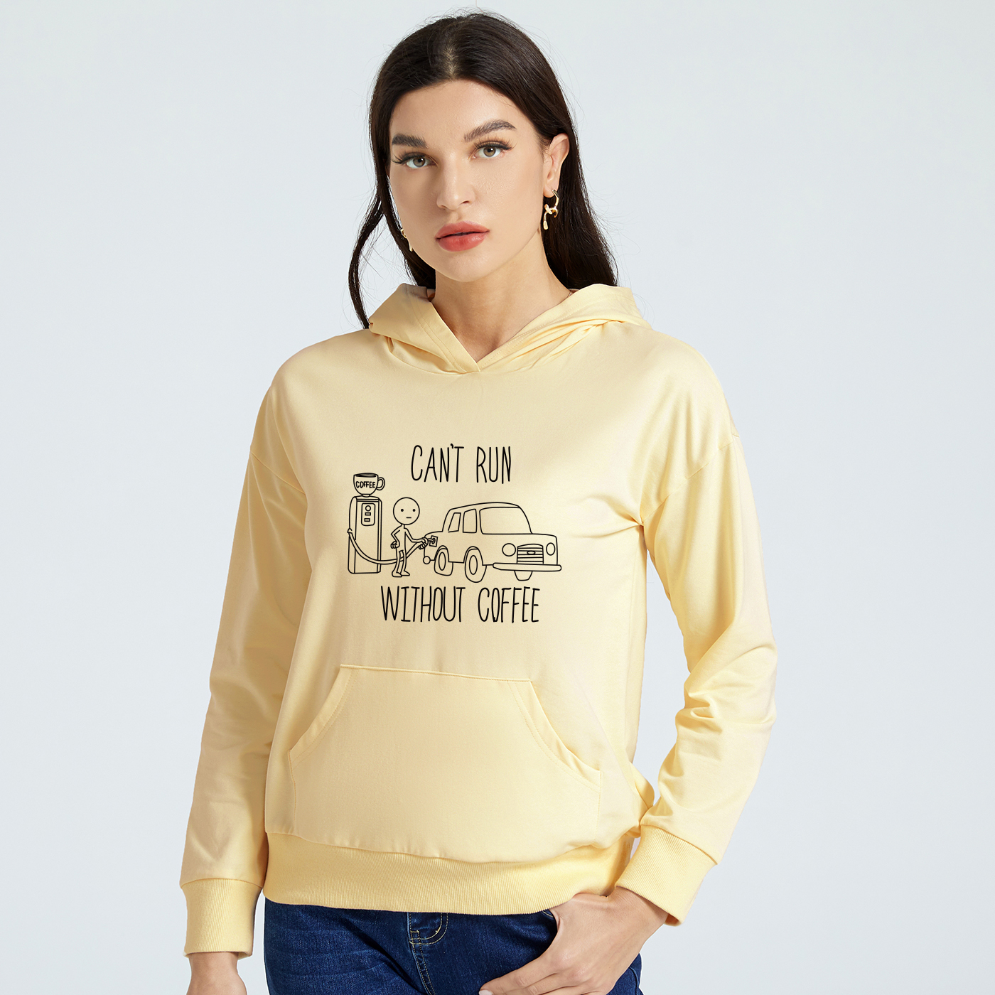 

Woman Graphic Letter & Car Print Long-sleeve Hooded Pullover