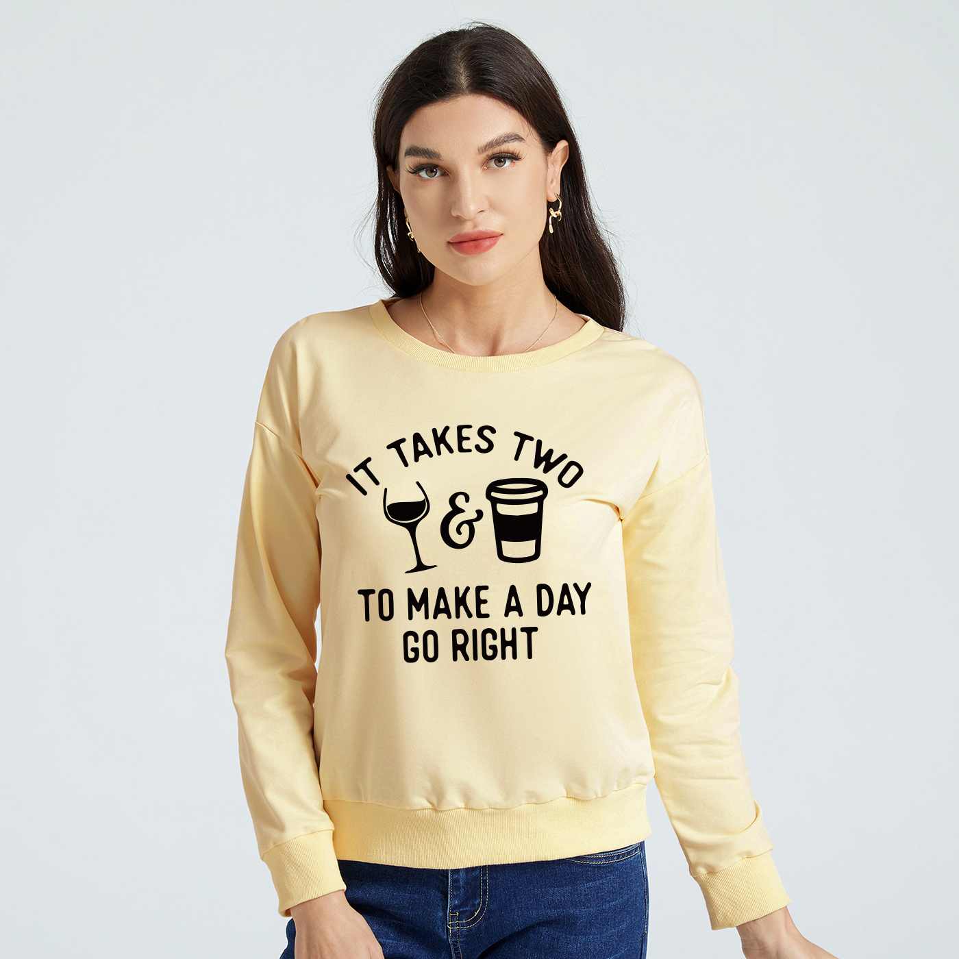 

Woman Graphic Letter & Coffee Print Long-sleeve Pullover