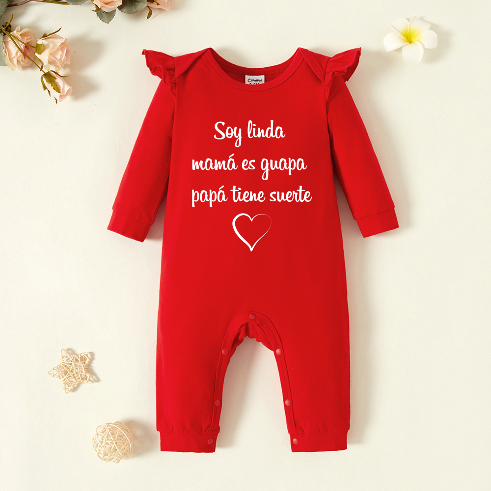 

Baby Girl Graphic Letter and Heart-shaped Print Ruffled Long-sleeve Jumpsuit