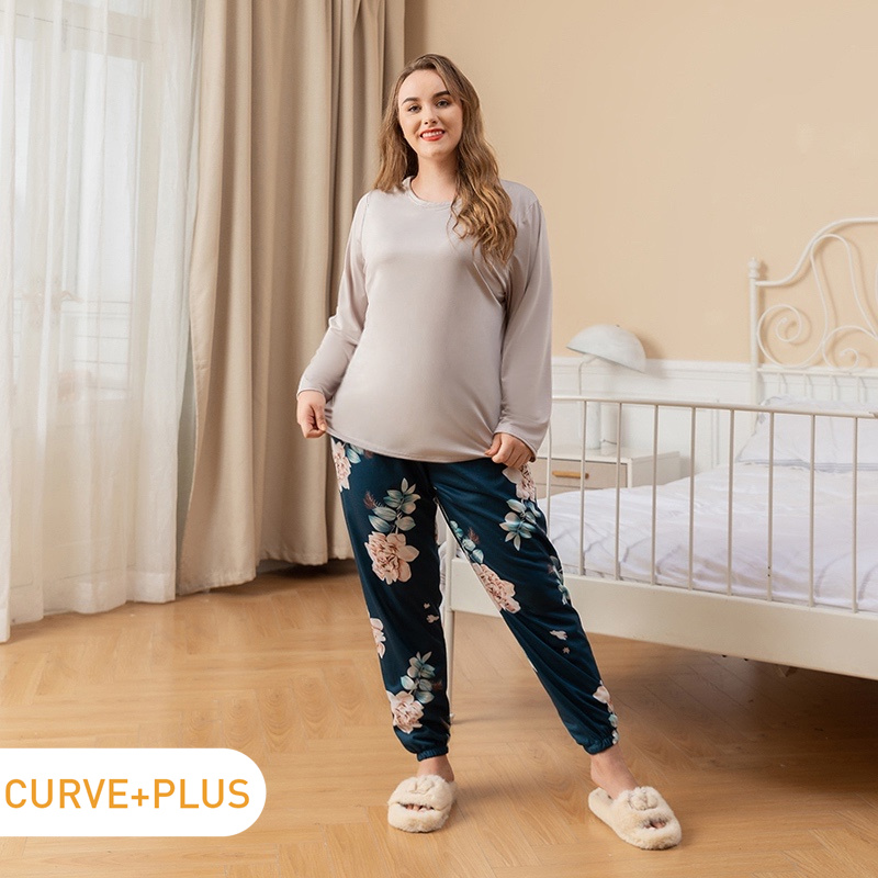 

2-piece Women Plus Size Casual Long-sleeve Tee and Floral Print Pants Pajamas Lounge Set
