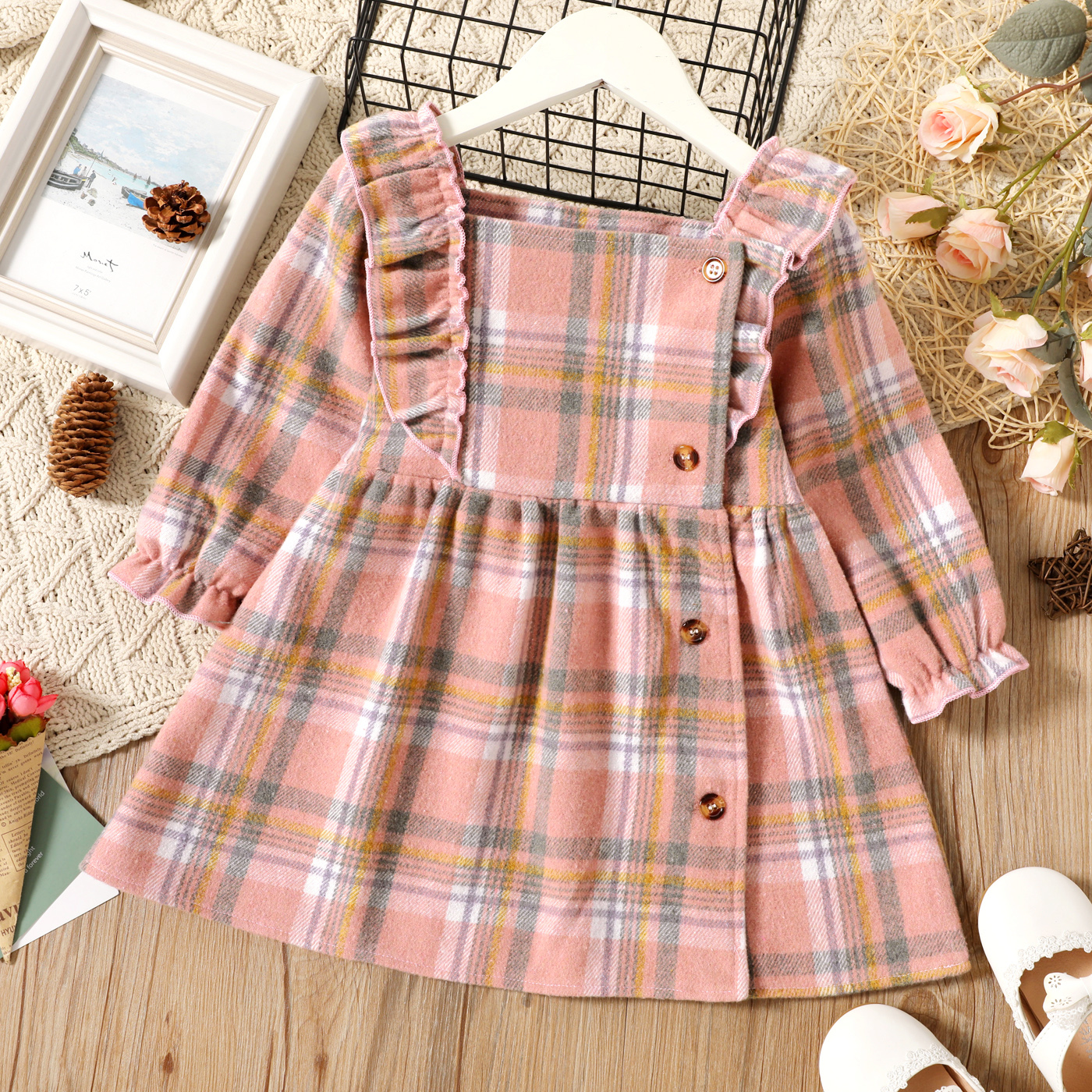

Baby/Toddler Girl 100% Cotton Square Neck Ruffled Plaid Button Design Long-sleeve Dress