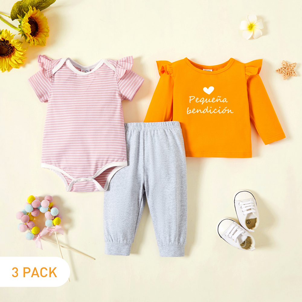 

3-Pack Baby Girl Graphic Letter & Heart Print & Striped Ruffled Romper Tee Pants Set