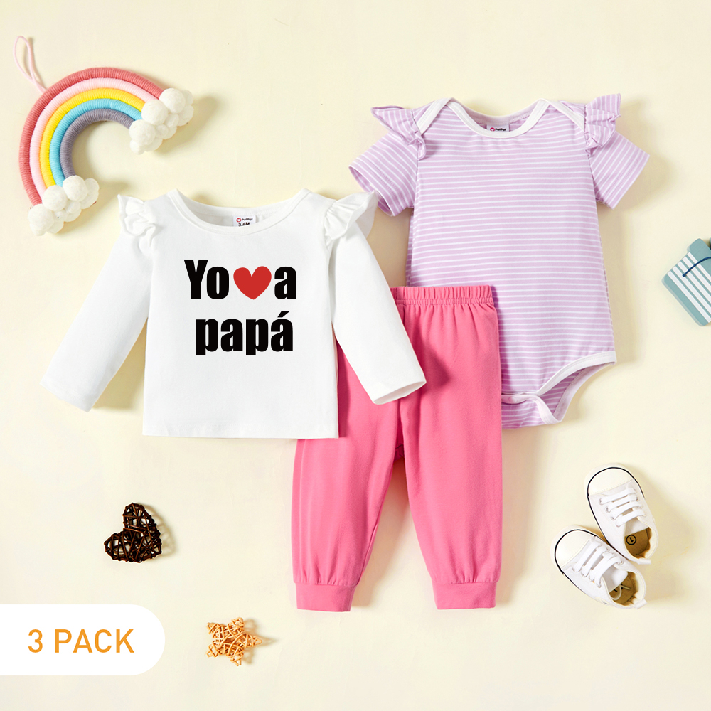 

3-Pack Baby Girl Graphic Letter & Heart Print & Striped Ruffled Romper Tee Pants Set