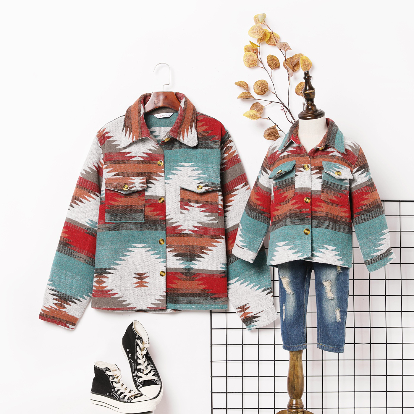 

Multi-color Lapel Button Down Long-sleeve Jacket for Mom and Me