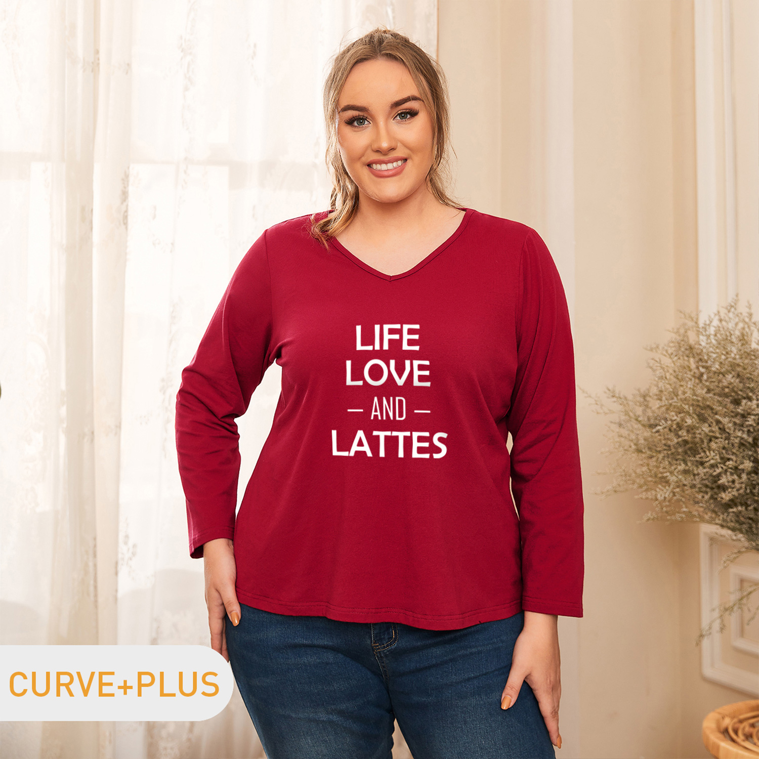 

Women Plus Size Graphic Letter Print V Neck Long-sleeve Tee