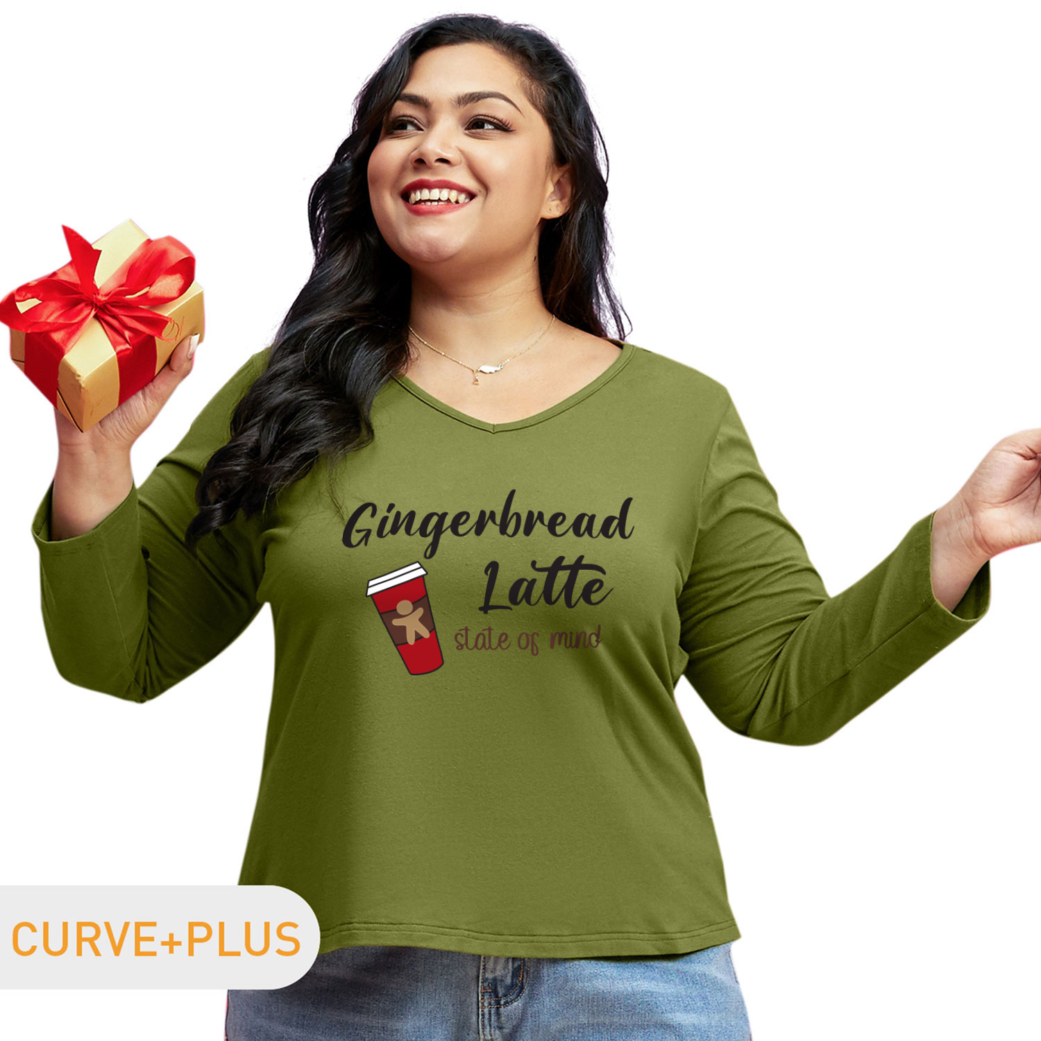 

Women Plus Size Graphic Letter and Coffee Drink Print V Neck Long-sleeve Tee
