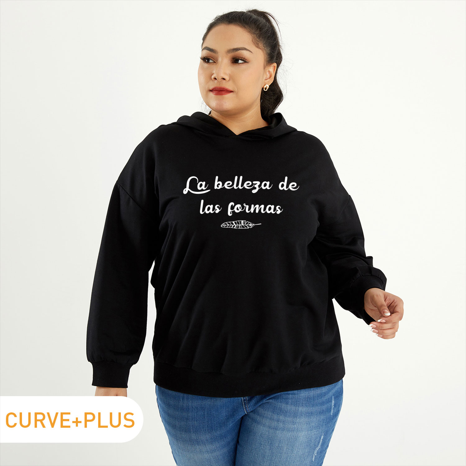

Women Plus Size Graphic Letter and Leaf Print Long-sleeve Hooded Pullover