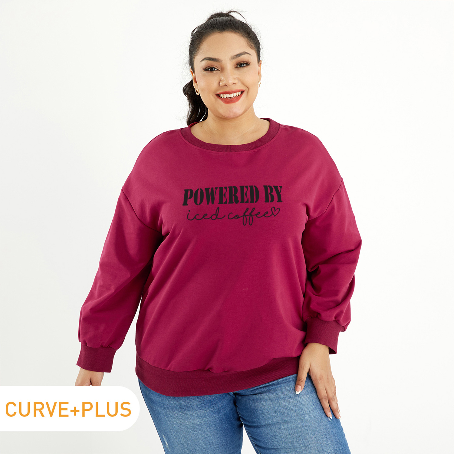 

Women Plus Size Graphic Letter Print Round-collar Long-sleeve Pullover