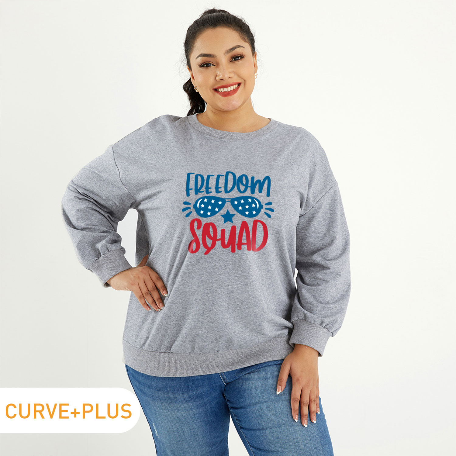 

Women Plus Size Graphic Letter and Stars Print Round Neck Long-sleeve Pullover