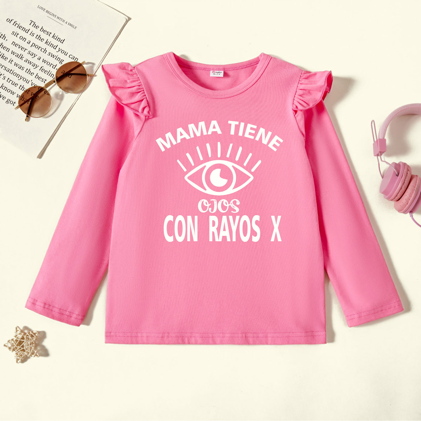 

Kid Girl Graphic Letter and Eye Print Ruffled Long-sleeve Tee