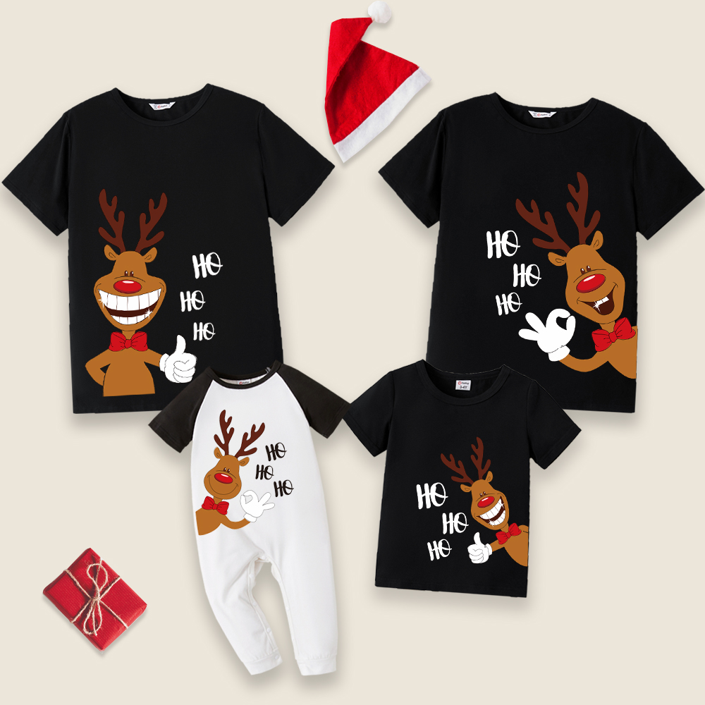

Christmas Cartoon Reindeer and Letter Print Black Family Matching 100% Cotton Short-sleeve T-shirts