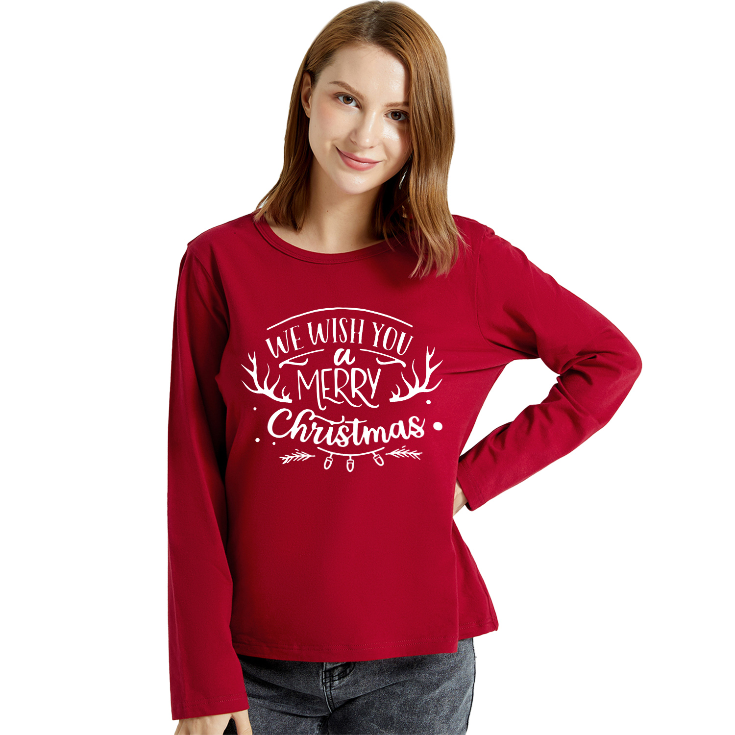 

Christmas Women Graphic Letter Print Round-collar Long-sleeve Tee