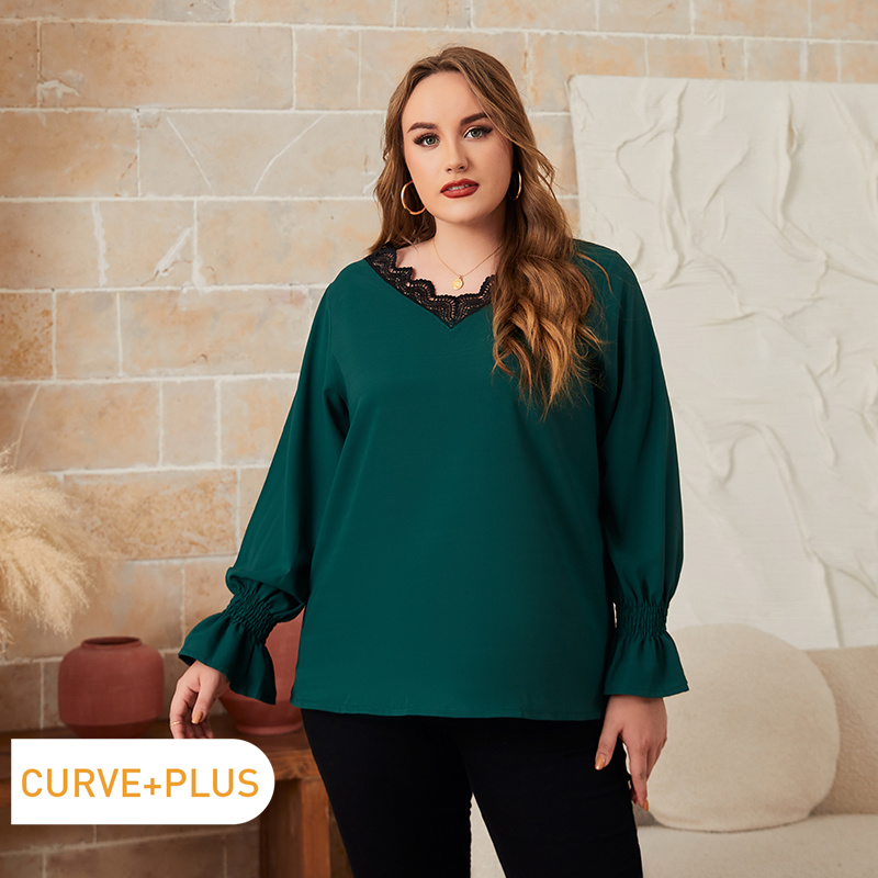 

Women Plus Size Elegant Lace Design V Neck Long-sleeve Blouse