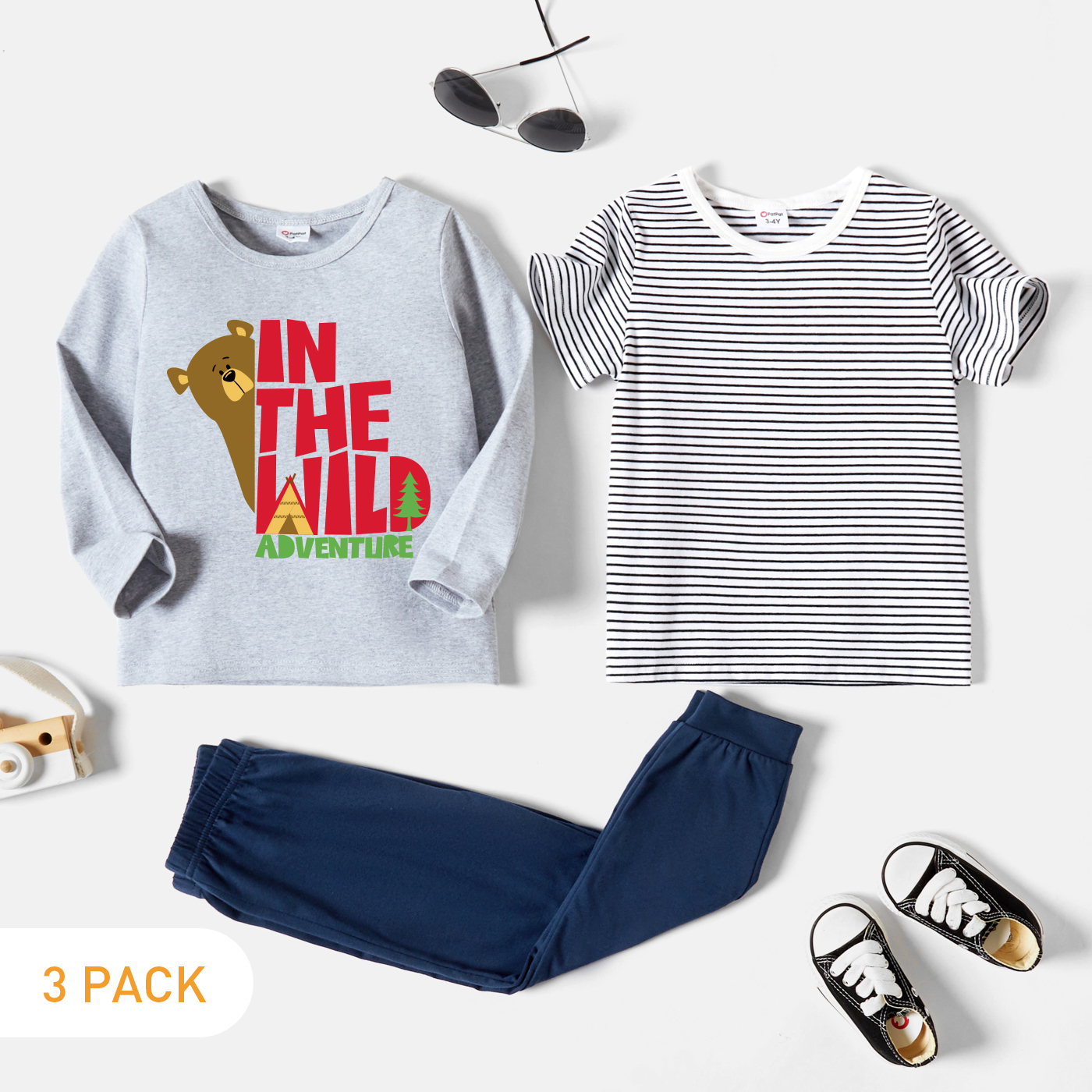 

3-Pack Toddler Boy Graphic Letter & Bear Print & Striped Tee & Pants Set