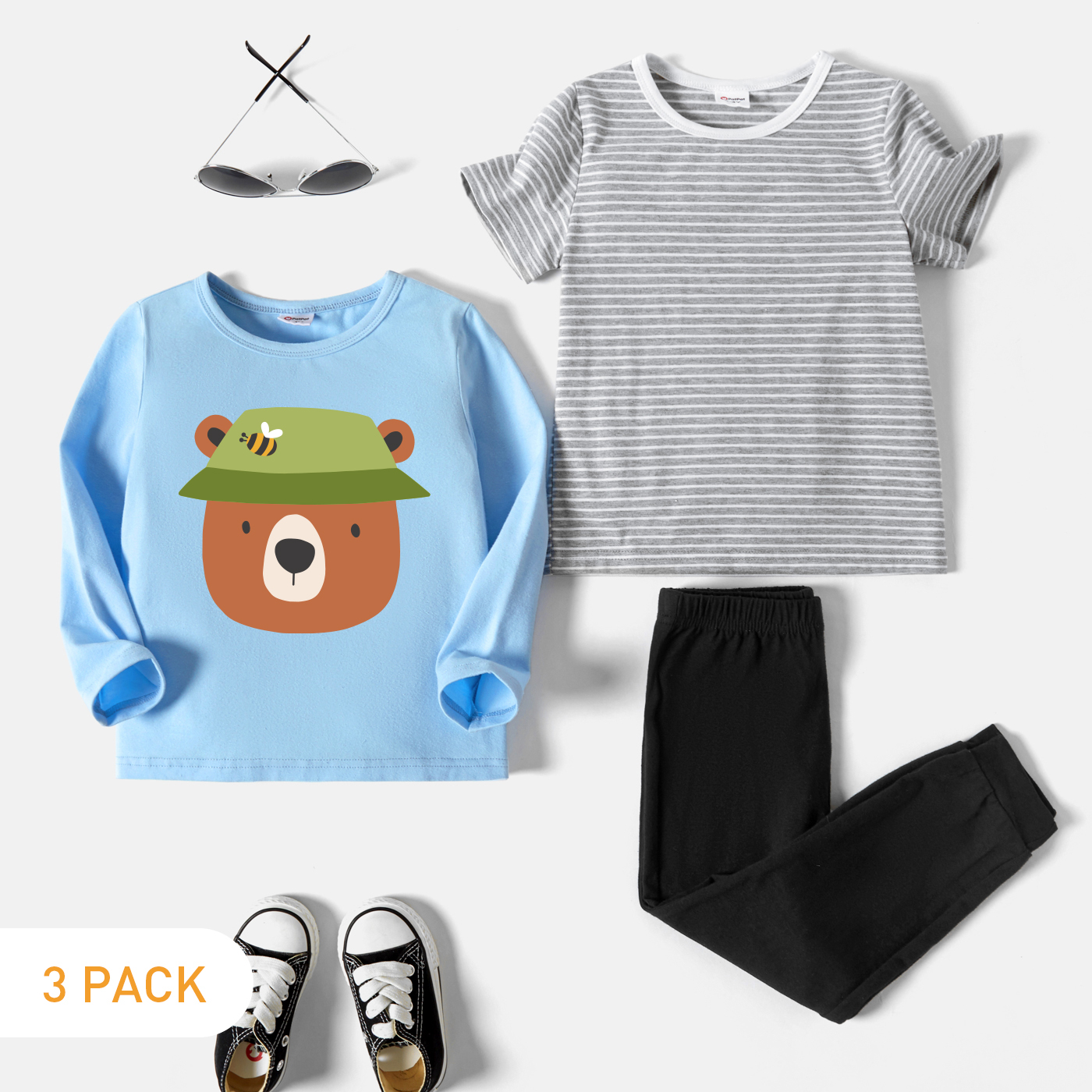 

3-Pack Toddler Boy Graphic Bear Print & Striped Tee & Pants Set