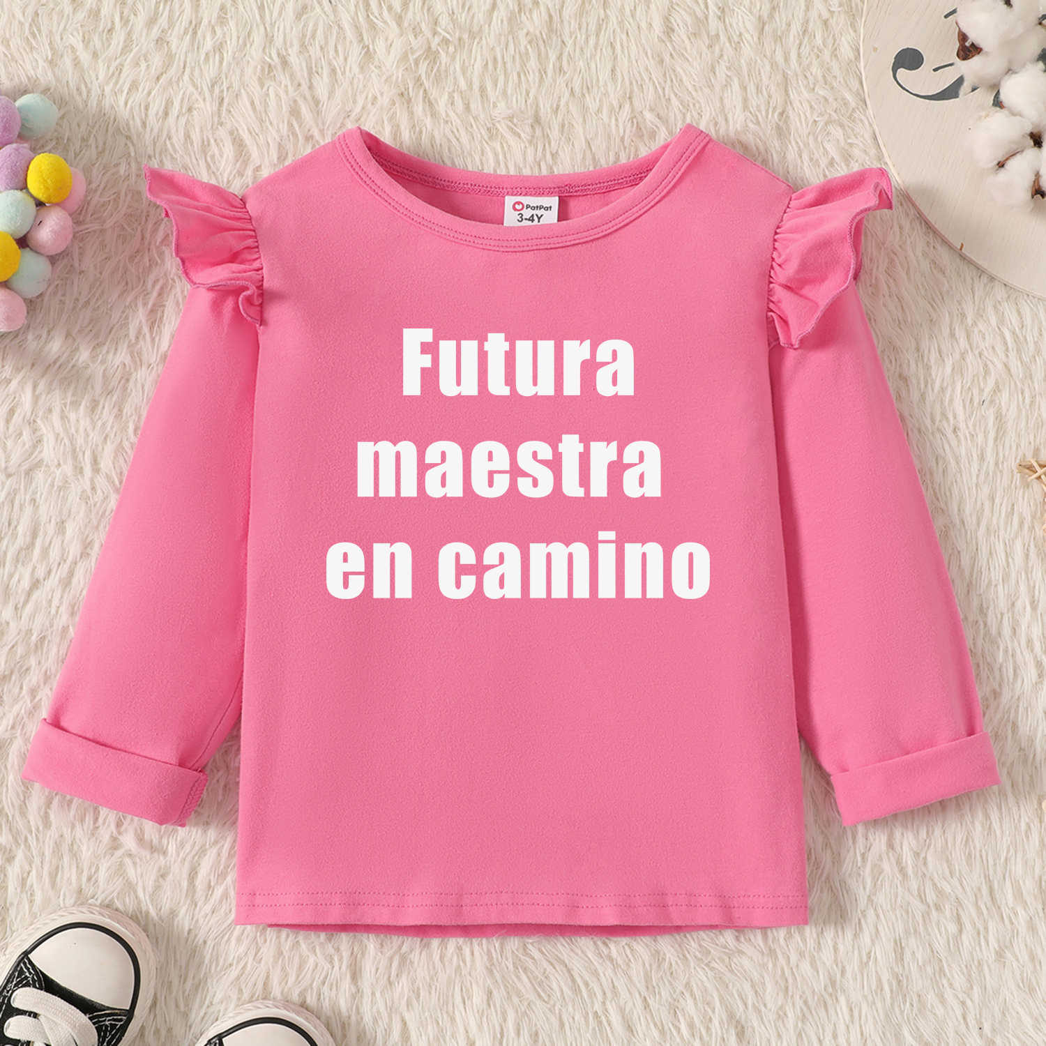 

Toddler Girl Graphic Letter Print Long-sleeve Ruffled Tee